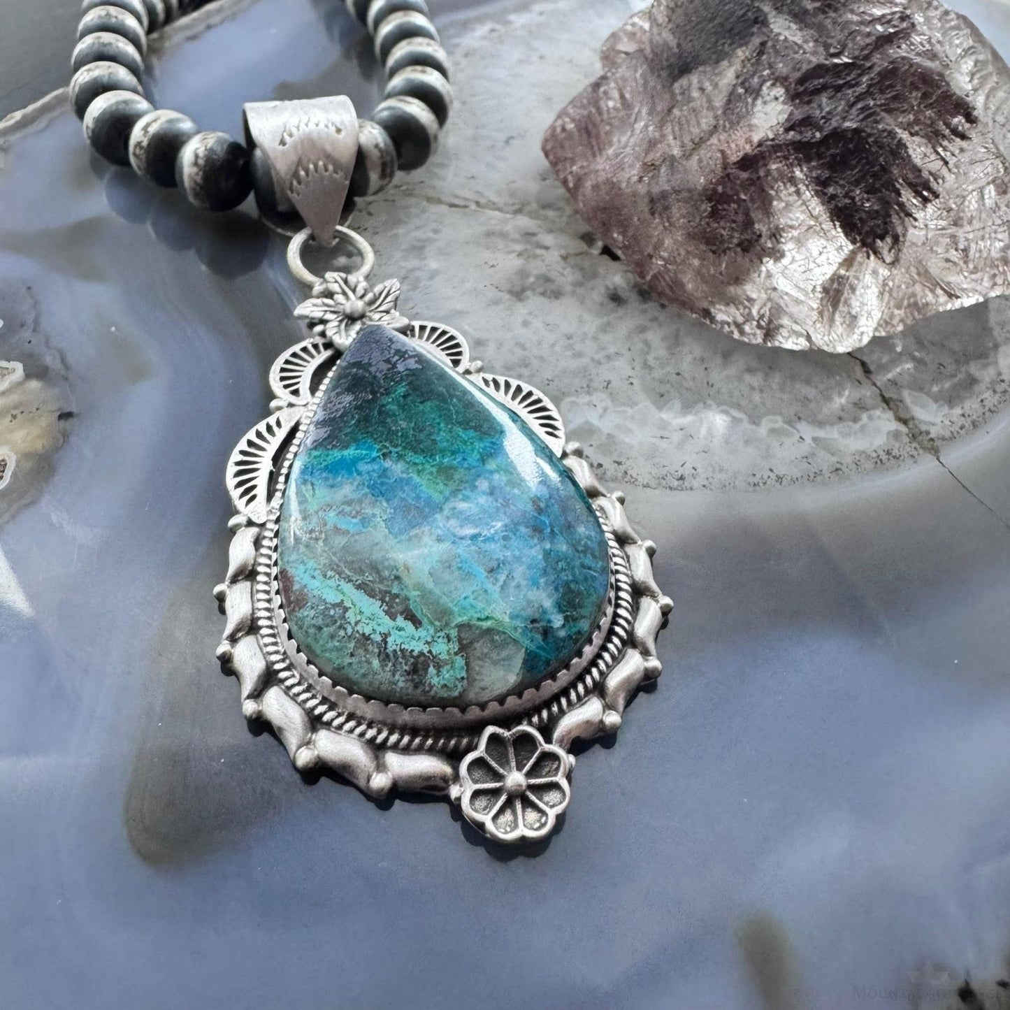 Sterling Silver Southwestern Style Elongated Teardrop Shattuckite Decorated Pendant For Women