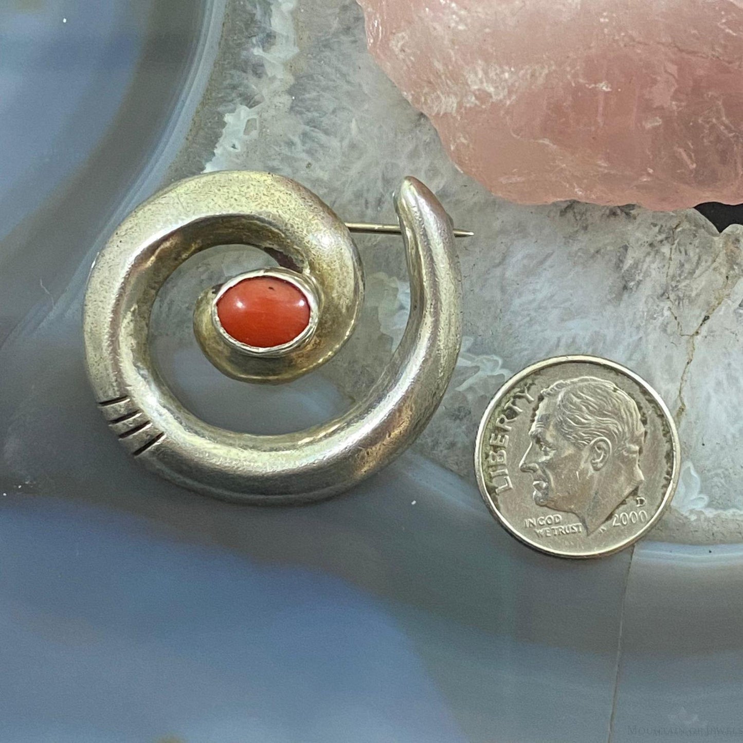 Vintage Native American Sterling Silver SandCast "Circle of Life" w/Coral Brooch
