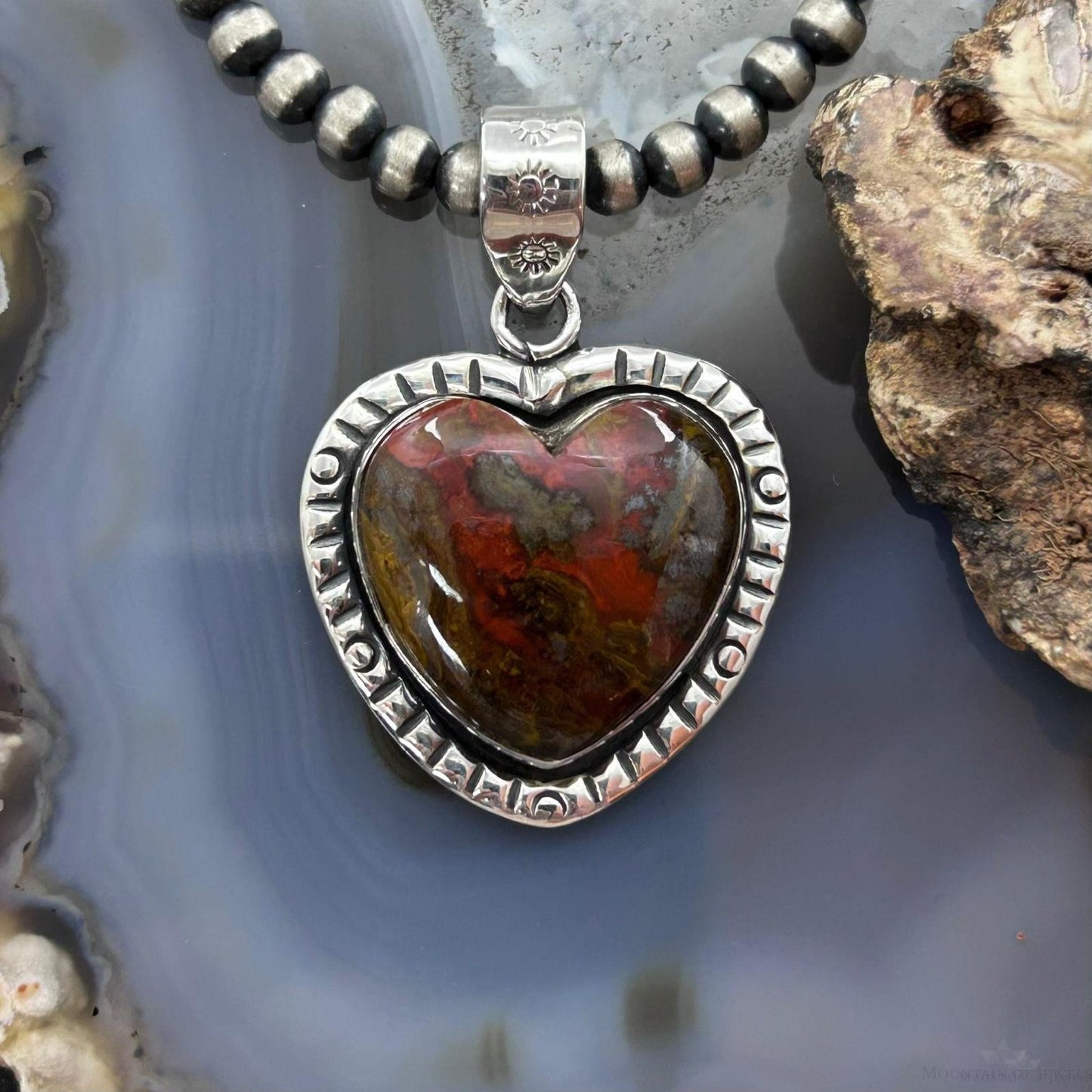 Sterling Silver Southwestern Style Sean Agate Heart Decorated Pendant For Women