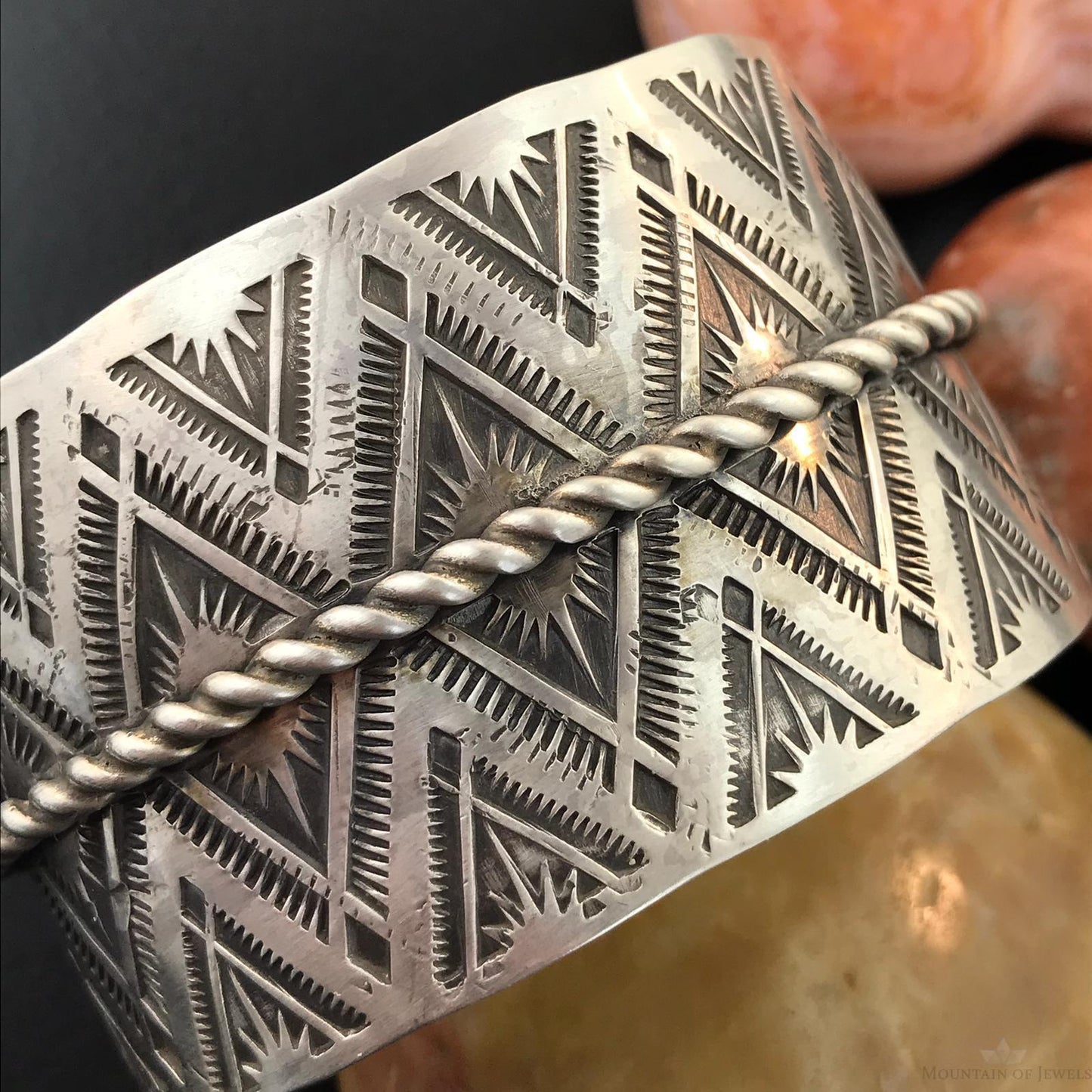 Tawney Cruz-Willie Native American Sterling Silver Hand Stamped Wide Bracelet