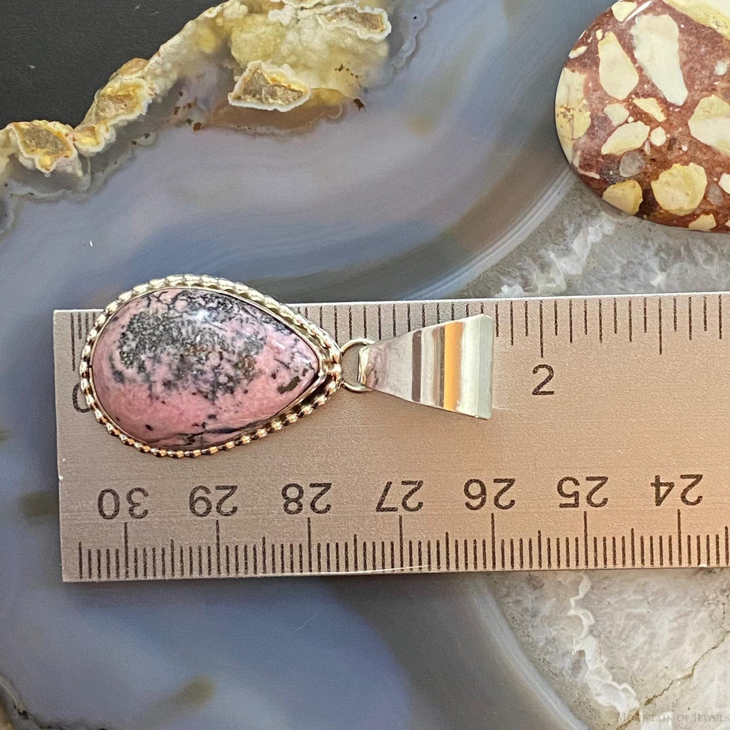 Native American Sterling Silver Rhodonite Teardrop Decorated Pendant For Women