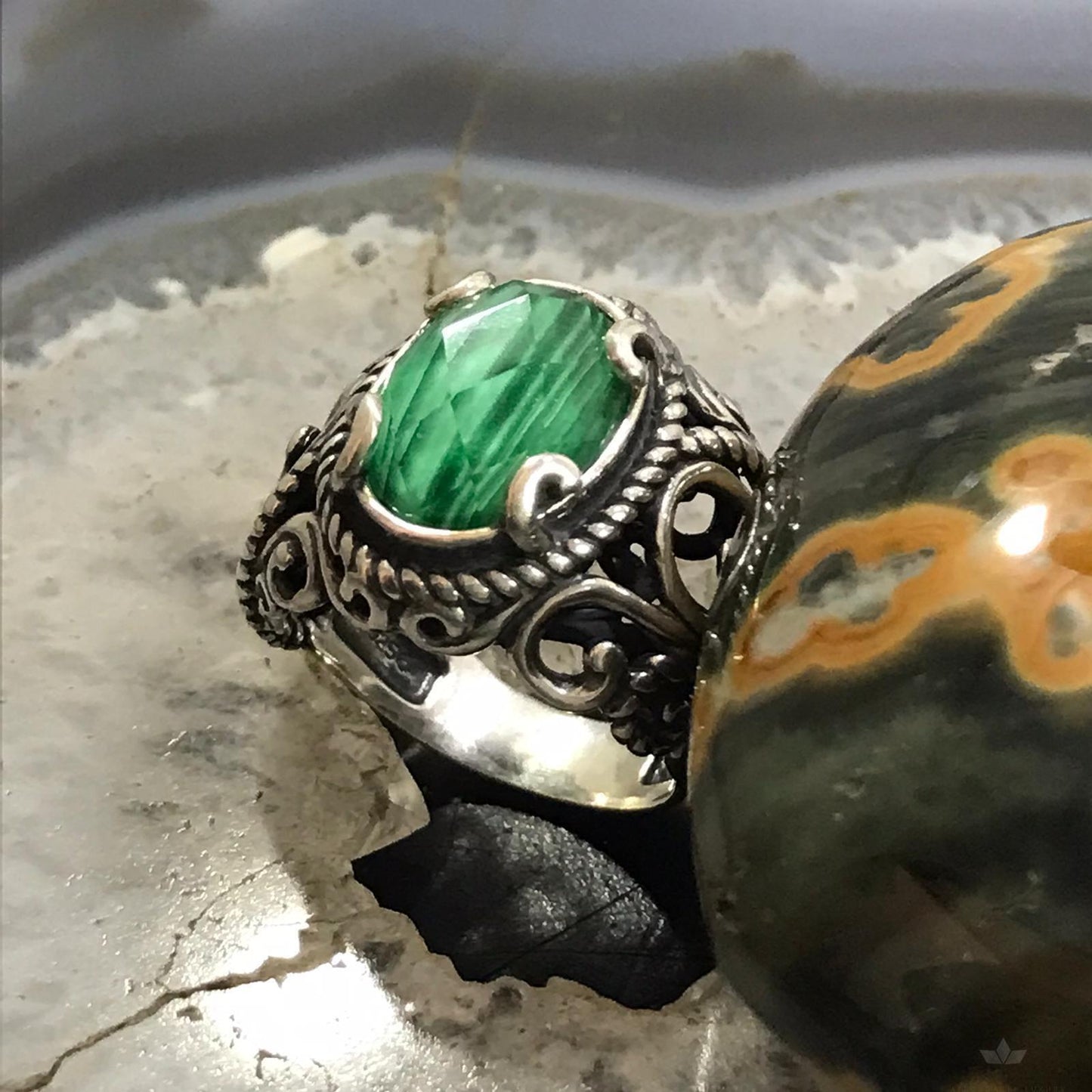 Carolyn Pollack Sterling Silver Oval Malachite Doublet Ring Size 8.25 For Women