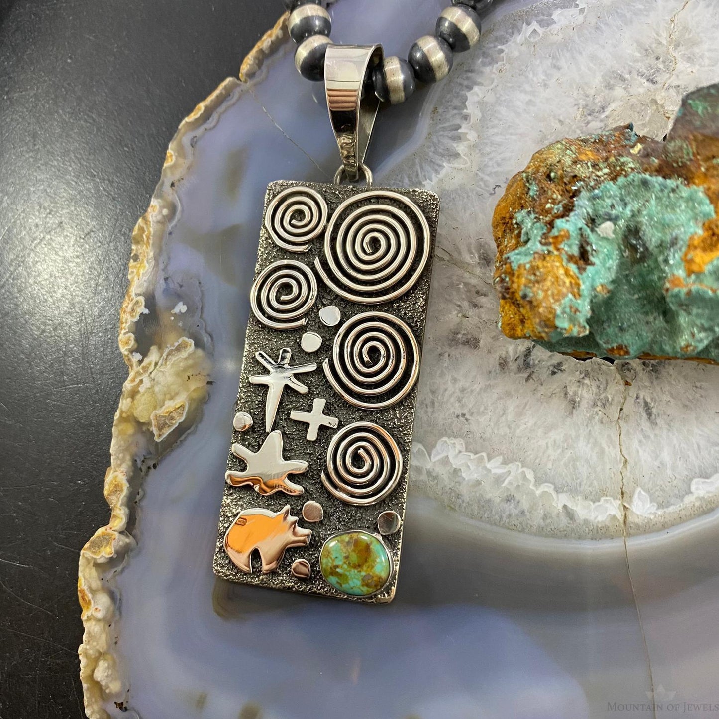 Alex Sanchez Sterling Silver Turquoise Rectangle Petroglyph Unisex Pendant