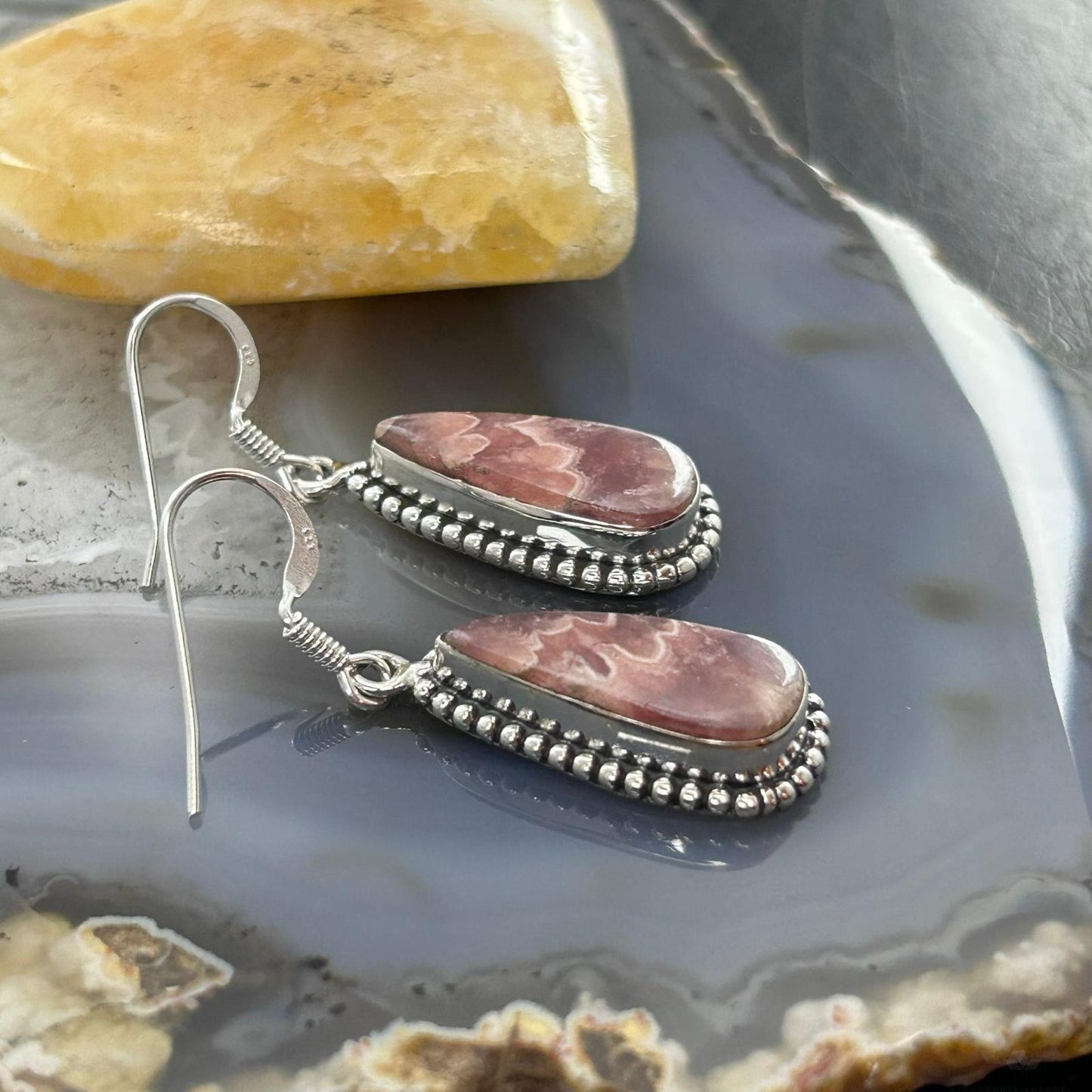 Sterling Silver Southwestern Style Teardrop Rhodochrosite Dangle Earrings For Women