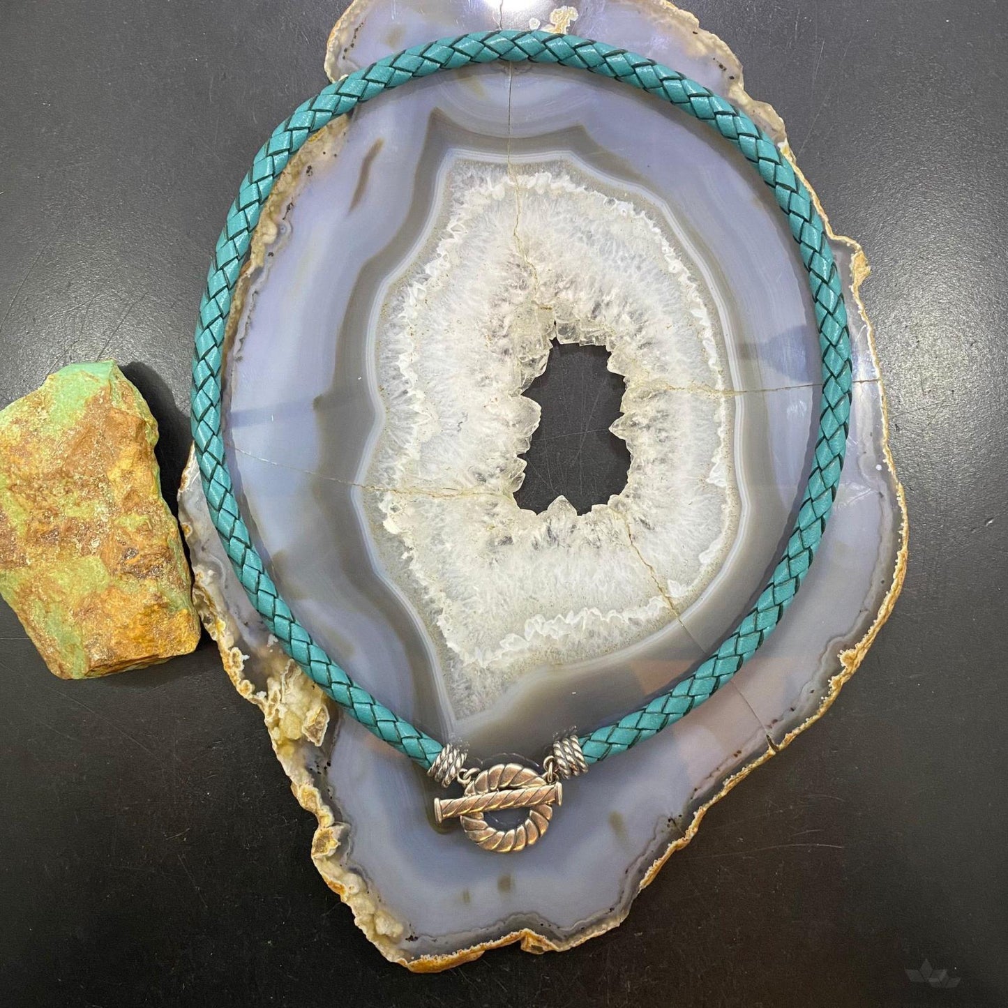 Carolyn Pollack Southwestern Style Sterling Silver Teal Braided Leather Toggle Clasp Necklace
