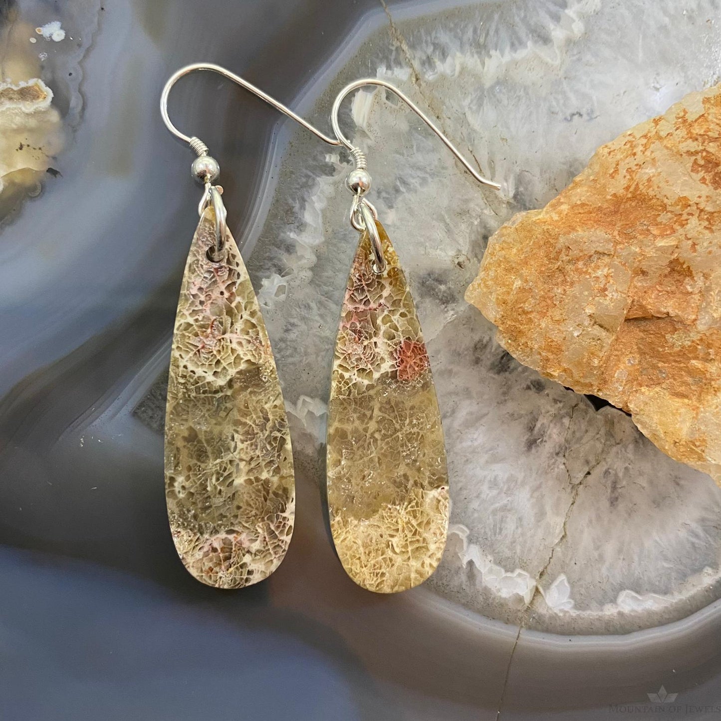 Sterling Silver Teardrop Fossilized Coral Slab Dangle Earrings For Women #056