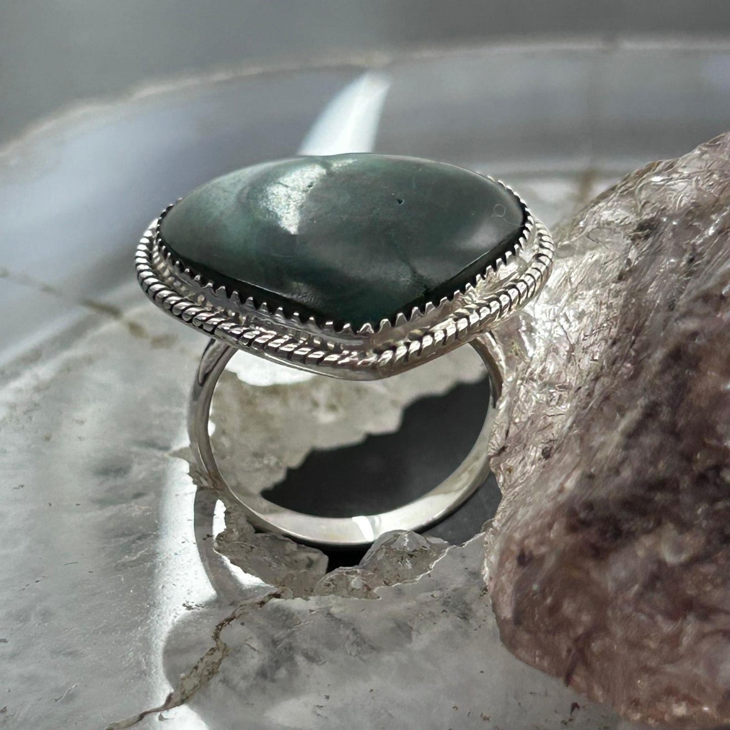 Sterling Silver Southwestern Style Malachite Heart Shape Ring Size 10 For Women
