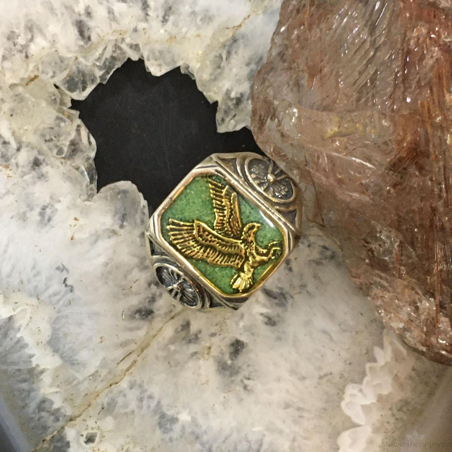 Carolyn Pollack Southwestern Style Sterling Silver Green Turquoise Chip Inlay Eagle Ring For Men