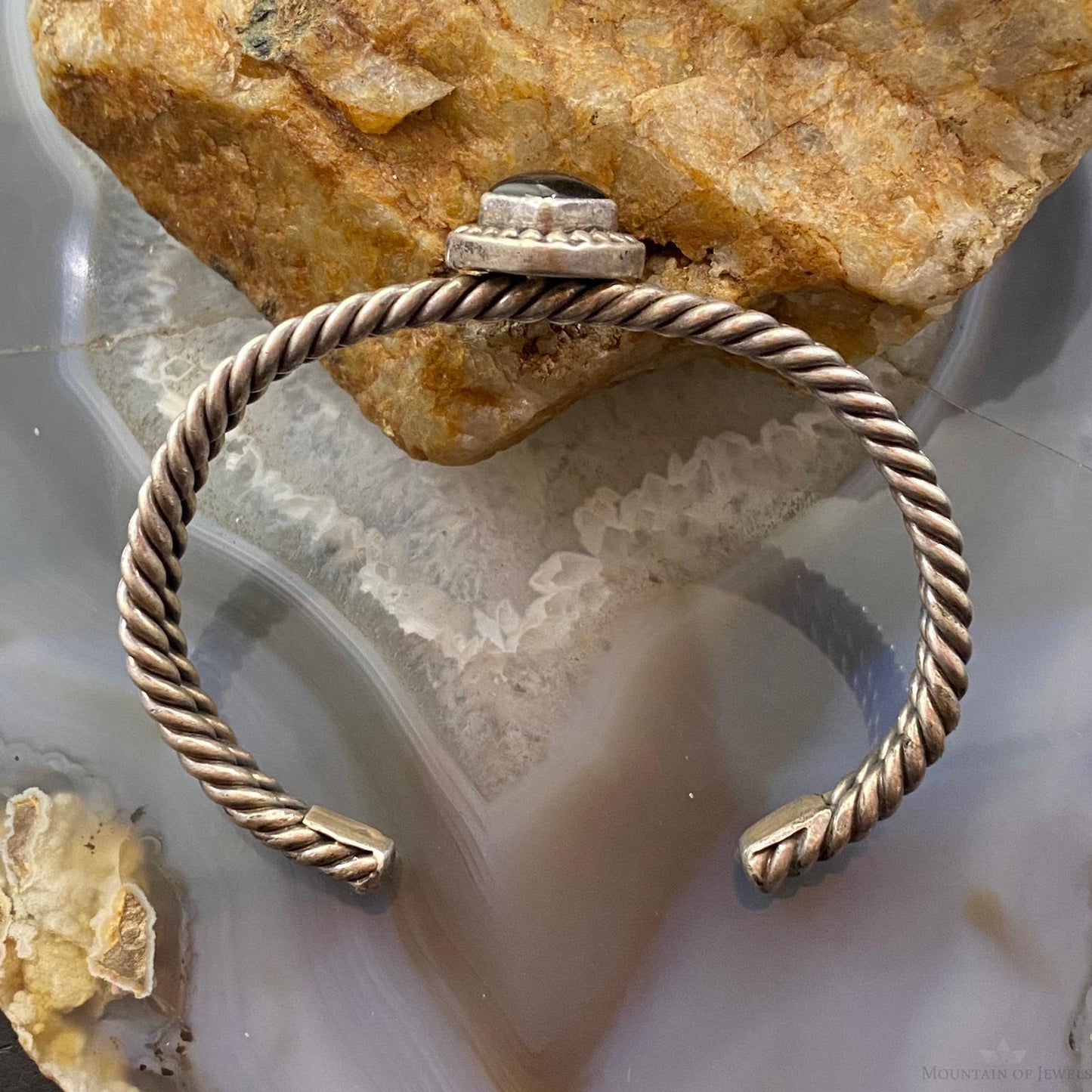 Vintage Native American Silver Square Onyx Double Coil Bracelet For Women