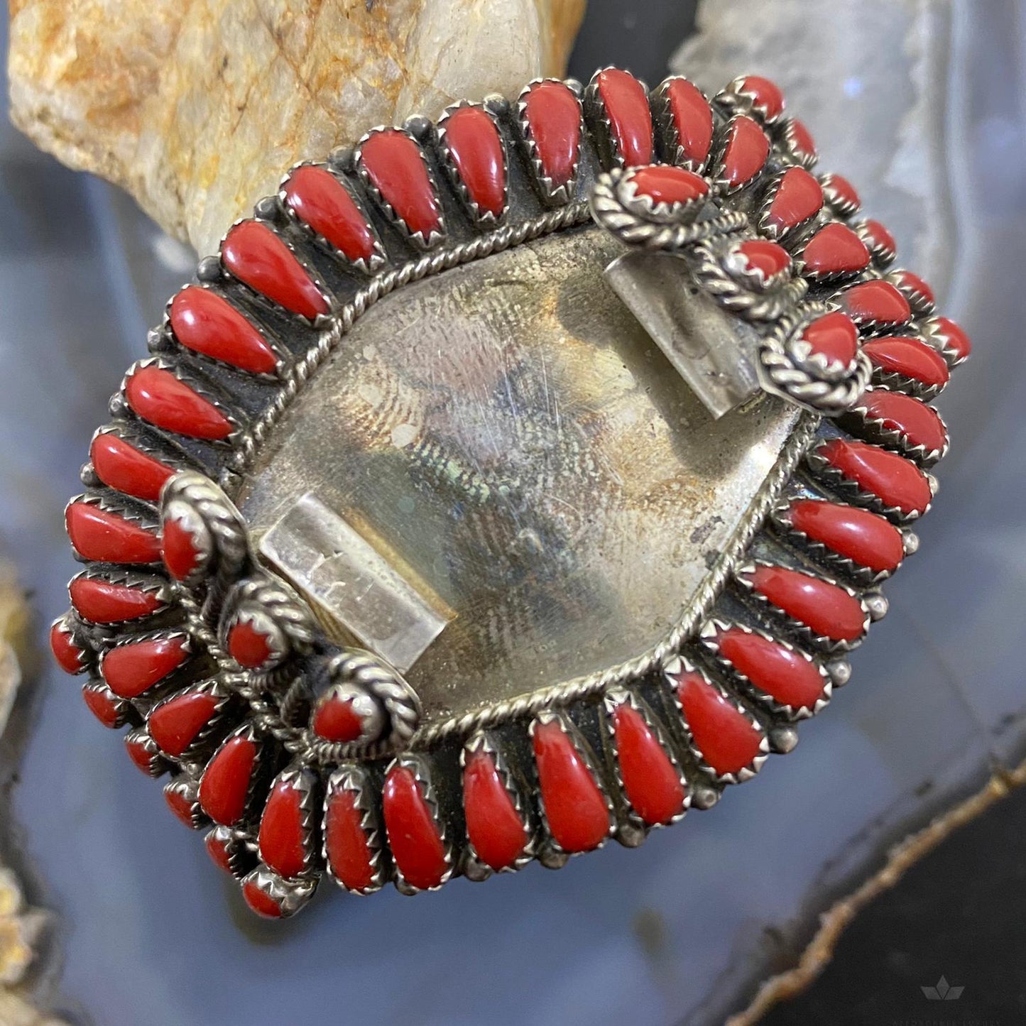 Vintage Signed Native American Sterling Silver Coral Watch Bracelet For Women