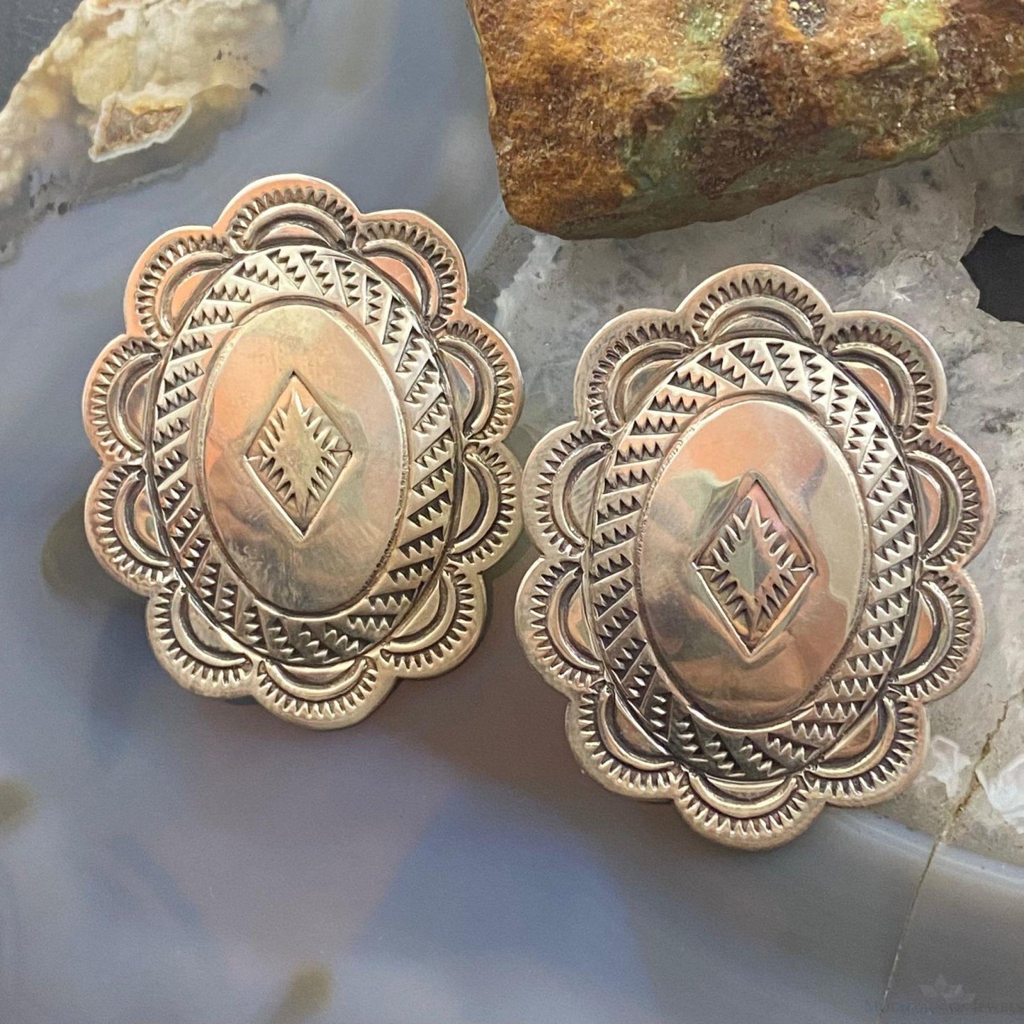 I. Kee Vintage Native American Sterling Silver Stamped Stud Earrings For Women