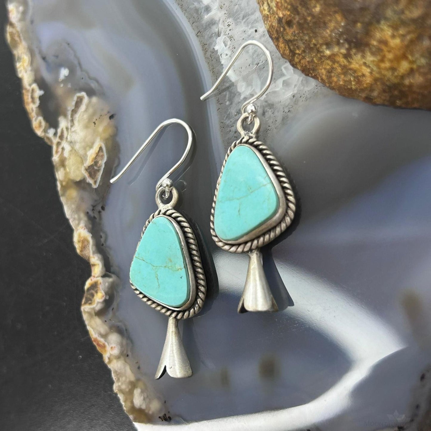 Sterling Silver Southwestern Style Turquoise Squash Blossom Dangle Earrings For Women #2