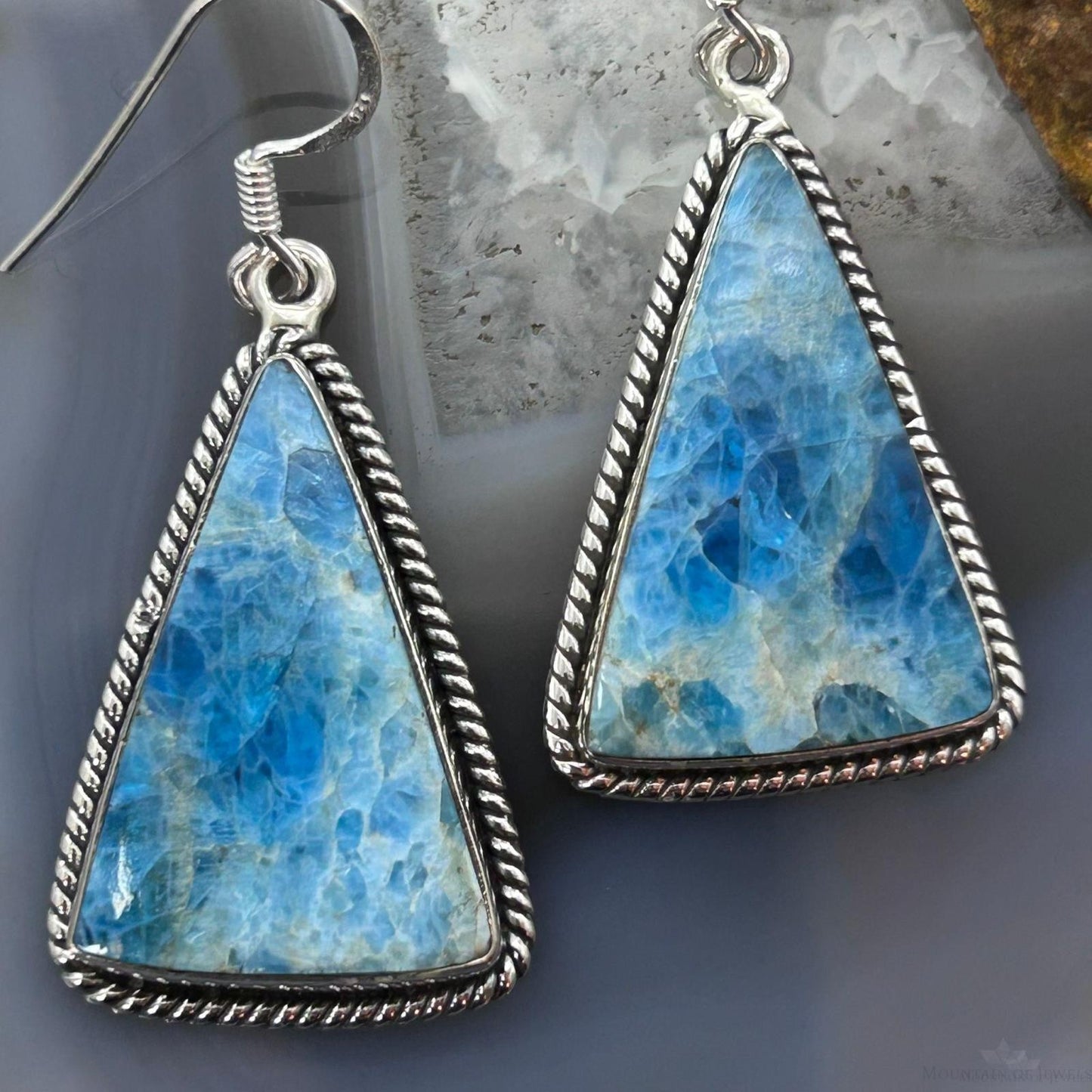 Sterling Silver Southwestern Style Triangle Blue Apatite Dangle Earrings For Women