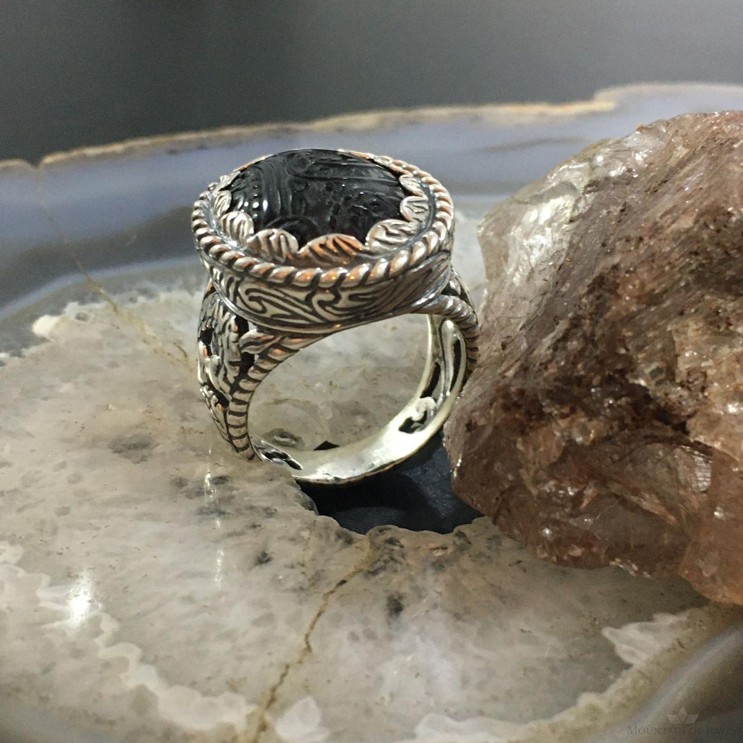Carolyn Pollack Sterling Silver Oval Carved Black Onyx Decorated Unisex Ring