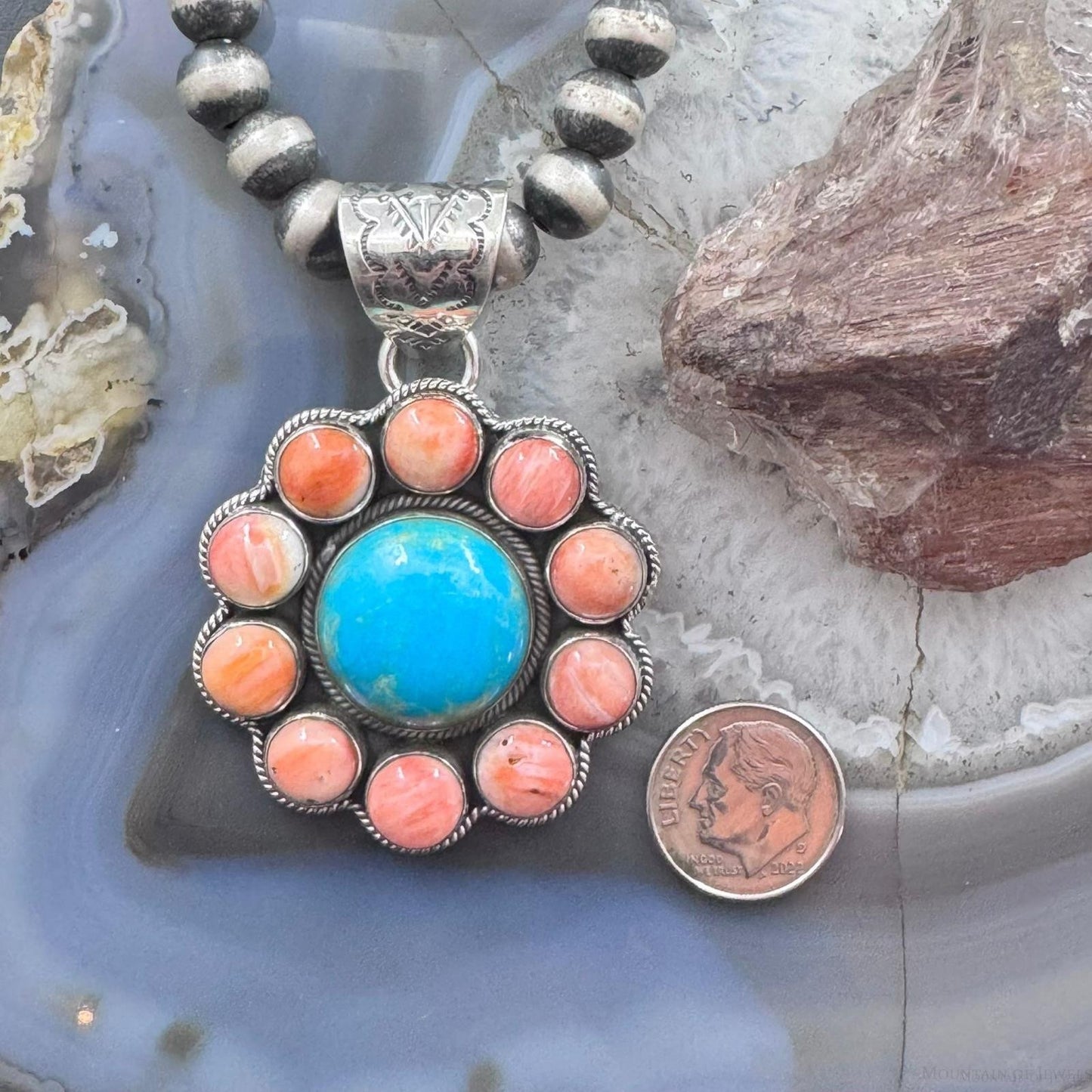 Native American Sterling Silver Turquoise & Orange Spiny Oyster Cluster Pendant For Women