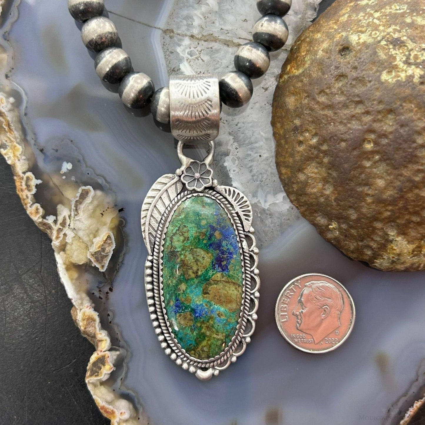 Sterling Silver Southwestern Style Elongated Chrysocolla Decorated Pendant For Women