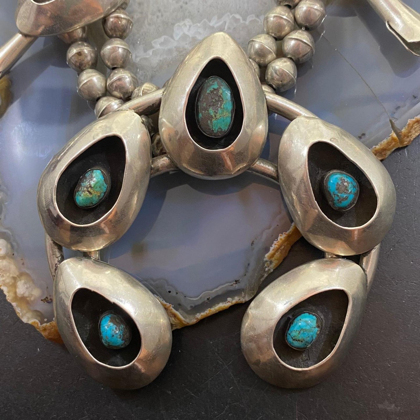 Native American Silver Shadow Box Turquoise Squash Blossom Necklace 31"