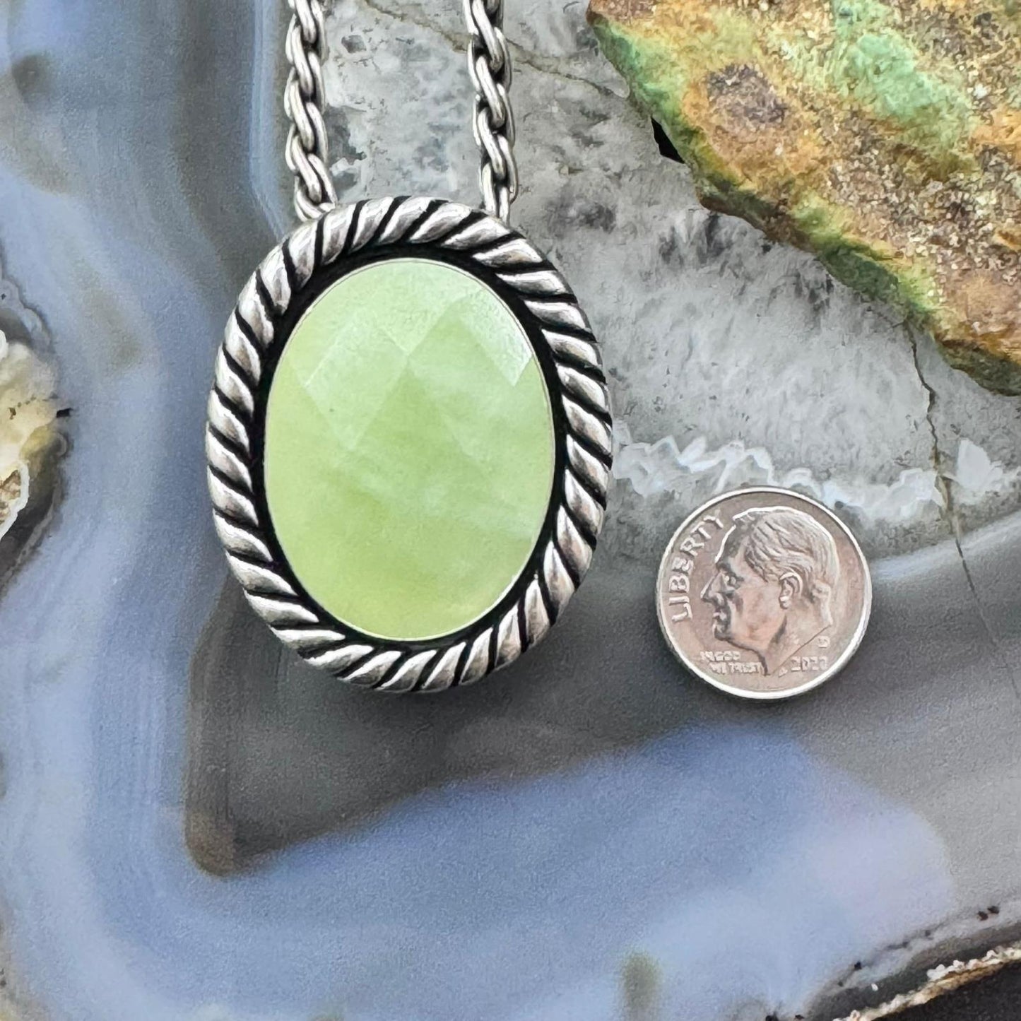 Carolyn Pollack Sterling Silver Large Faceted Oval Green MOP Pendant/Brooch For Women