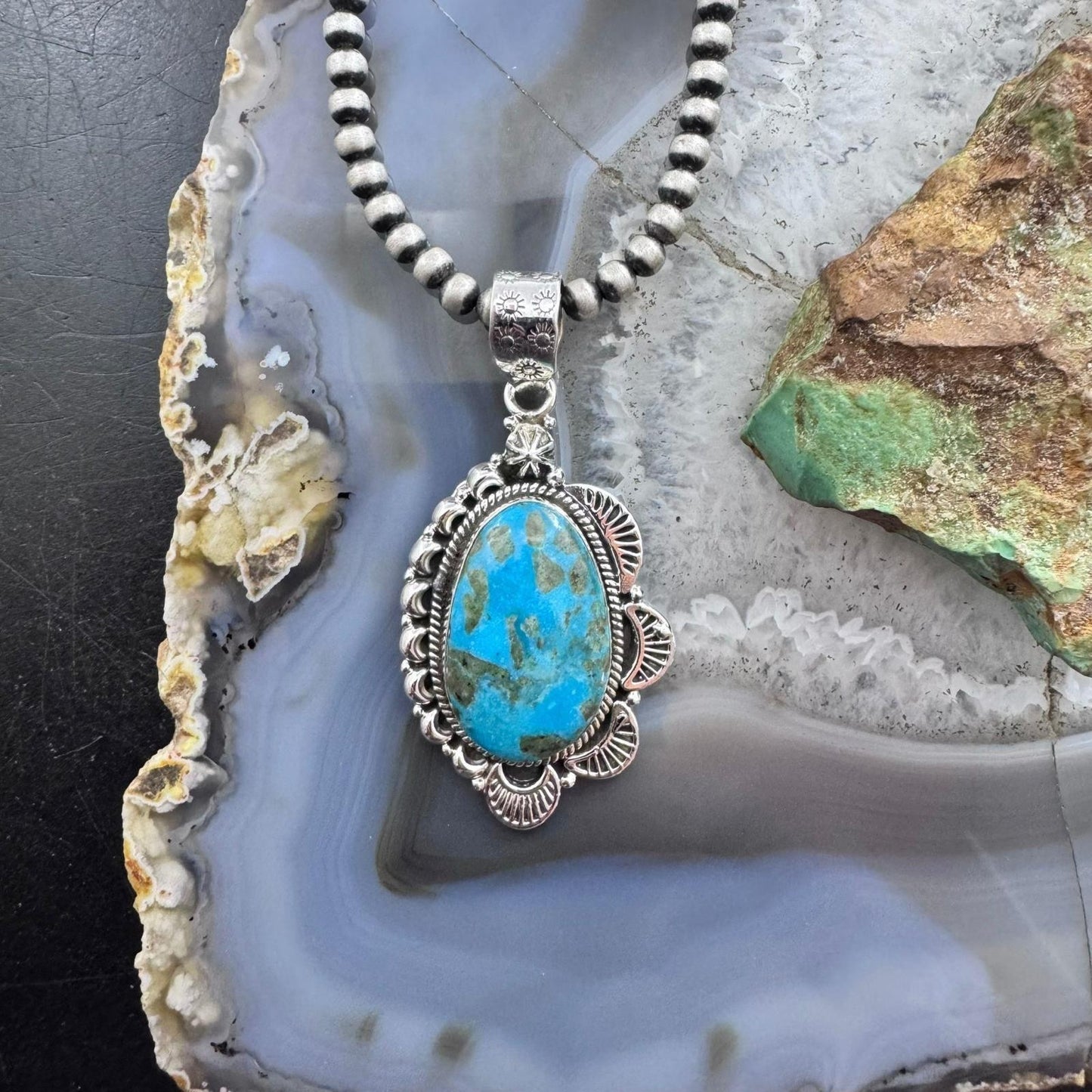 Sterling Silver Southwestern Style Large Turquoise Decorated Pendant For Women
