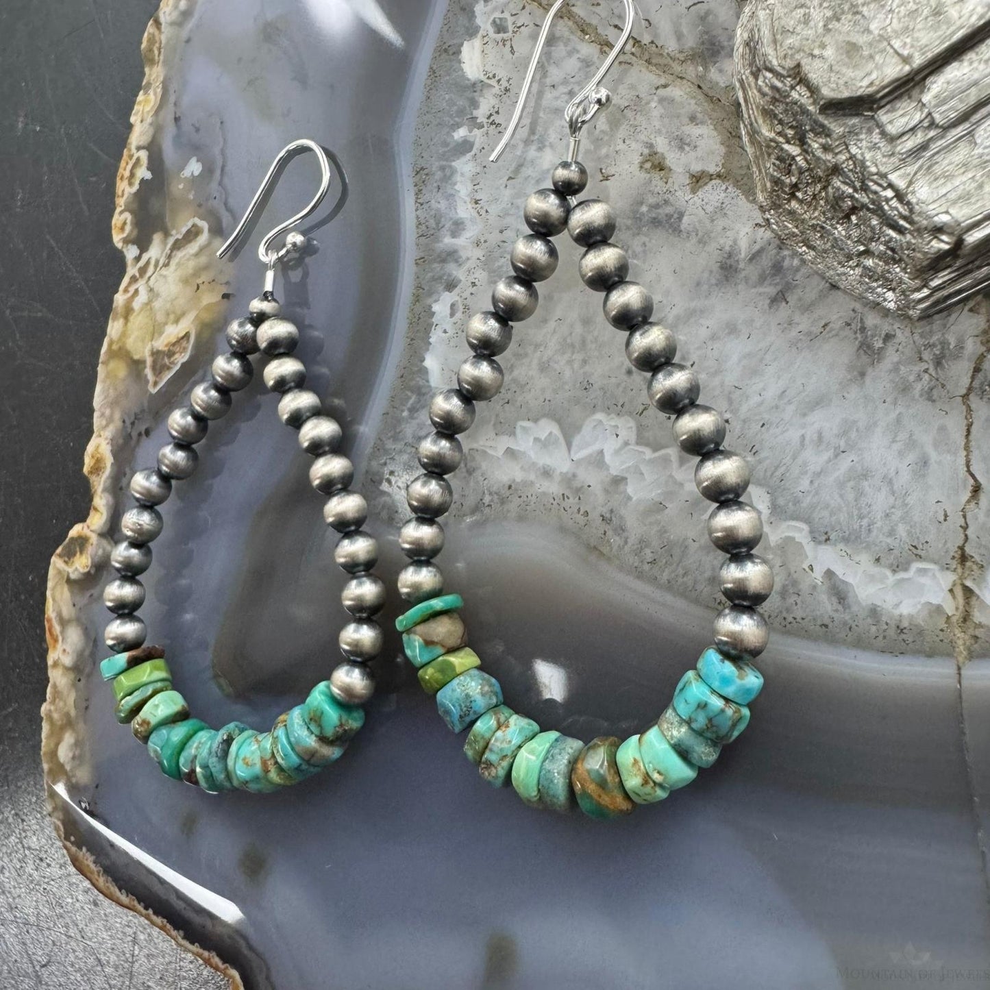 Sterling Silver 4mm Navajo Pearl Southwester Style & 6mm Turquoise Bead Hoop Earrings For Women