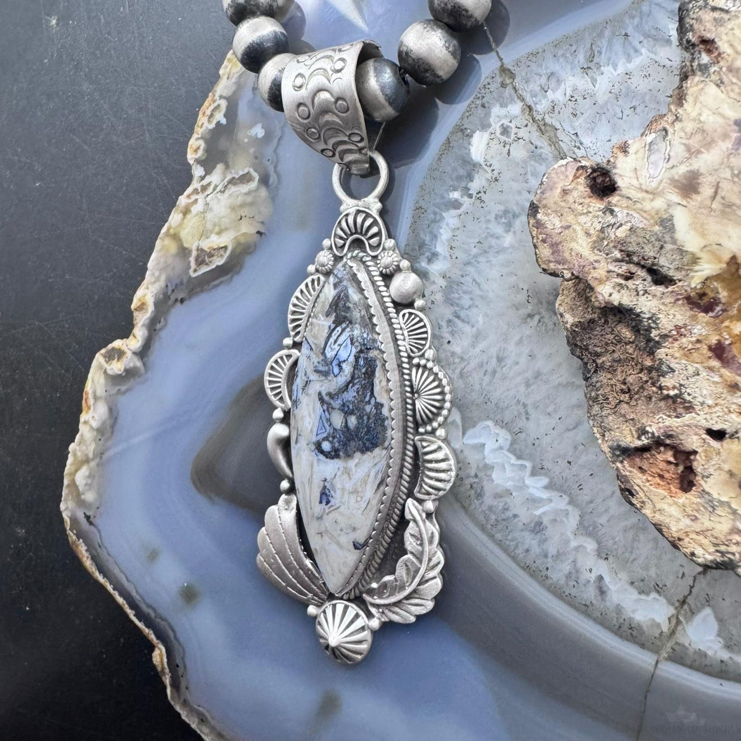 Sterling Silver Southwestern Style Elongated Marquise Dendritic Agate Decorated Pendant For Women