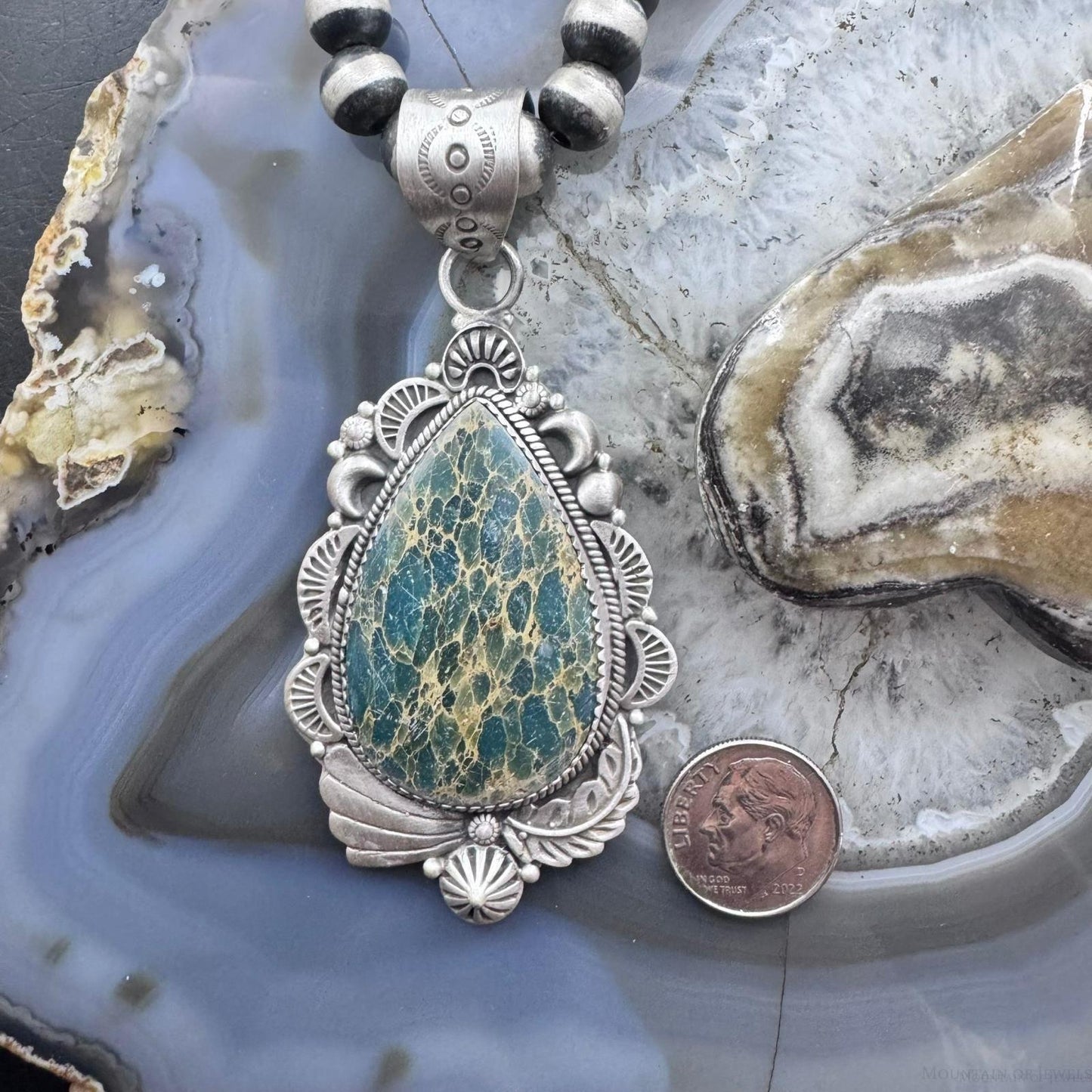 Sterling Silver Southwestern Style Teardrop Sediment Jasper Flower Decorated Pendant For Women