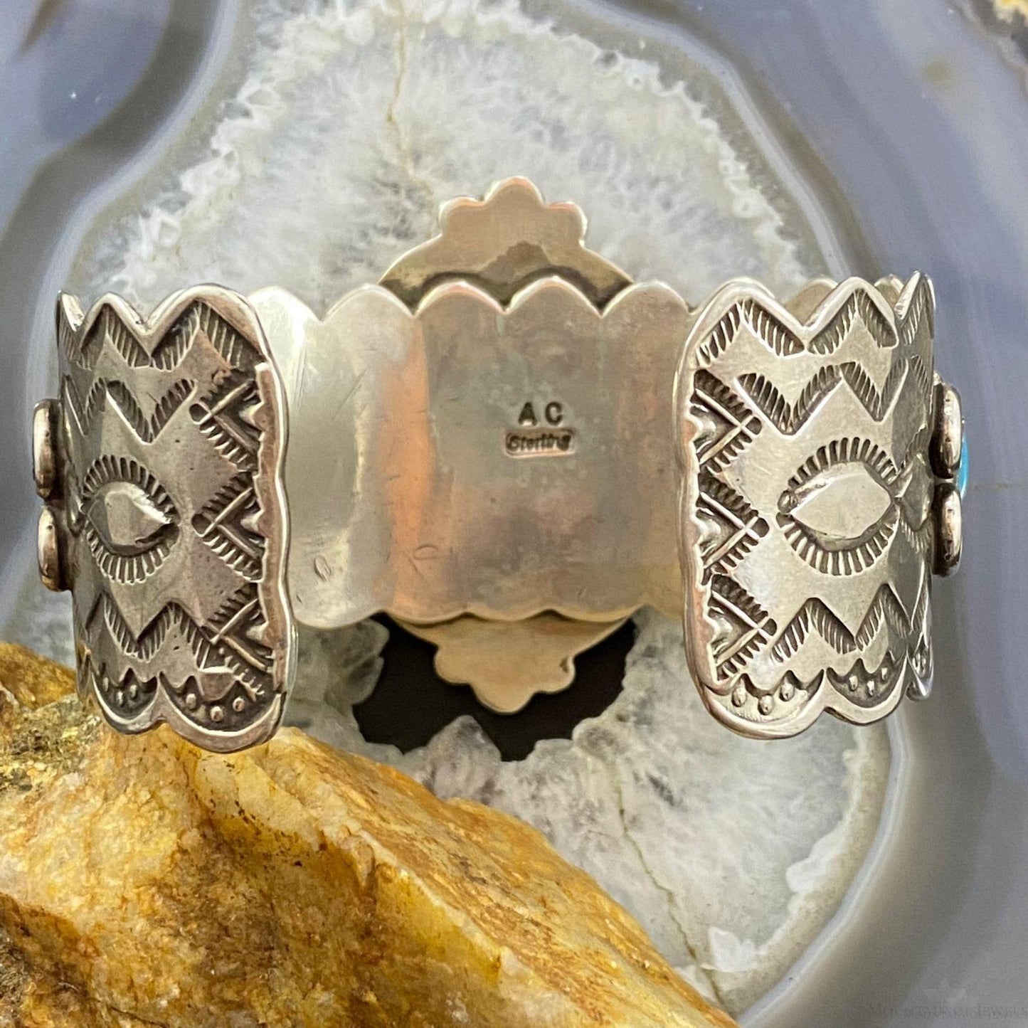 Signed Native American Sterling Silver Turquoise &Apple Coral Decorated Bracelet