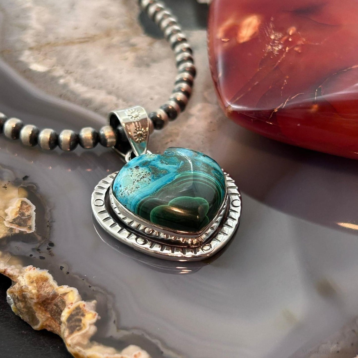 Sterling Silver Southwestern Style Azurite Malachite Decorated Heart Pendant For Women