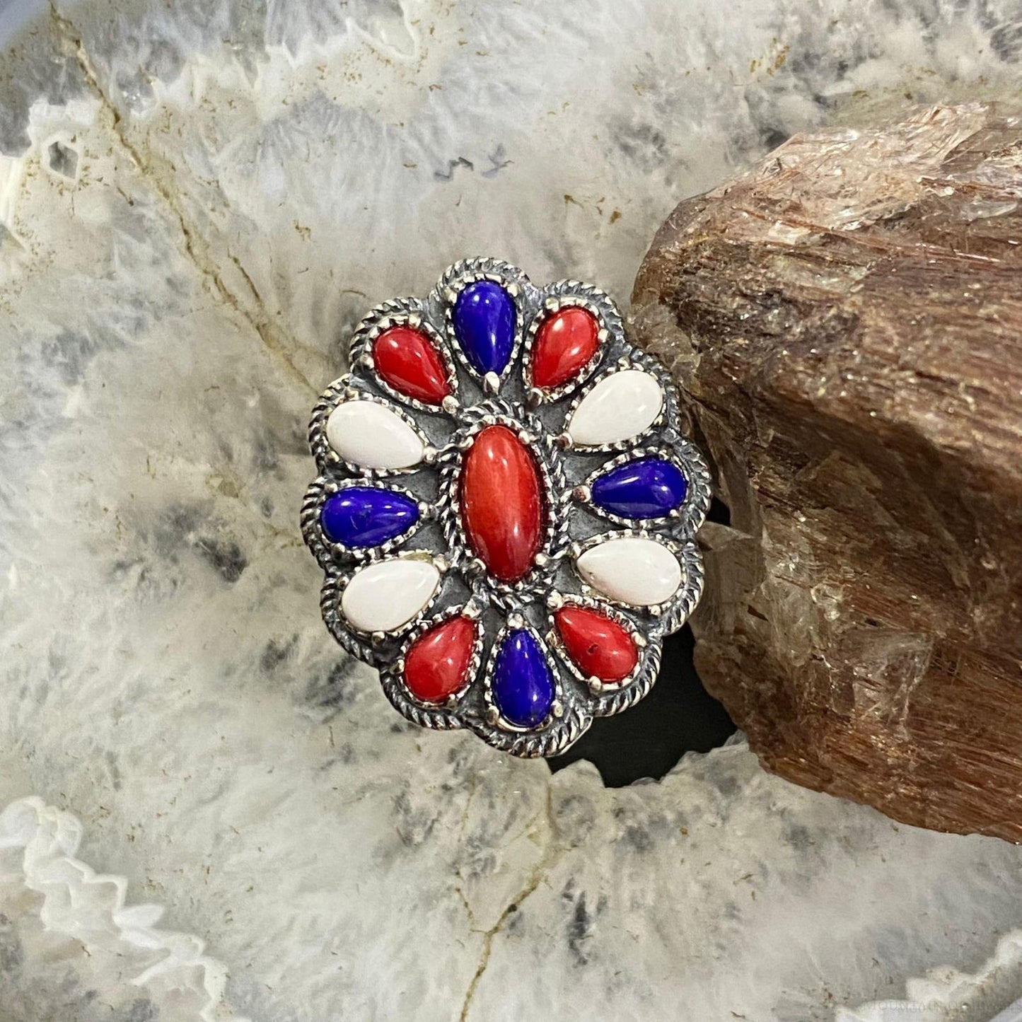 Carolyn Pollack Southwestern Style Sterling Silver Red Coral, White Agate, Lapis Cluster Ring For Women