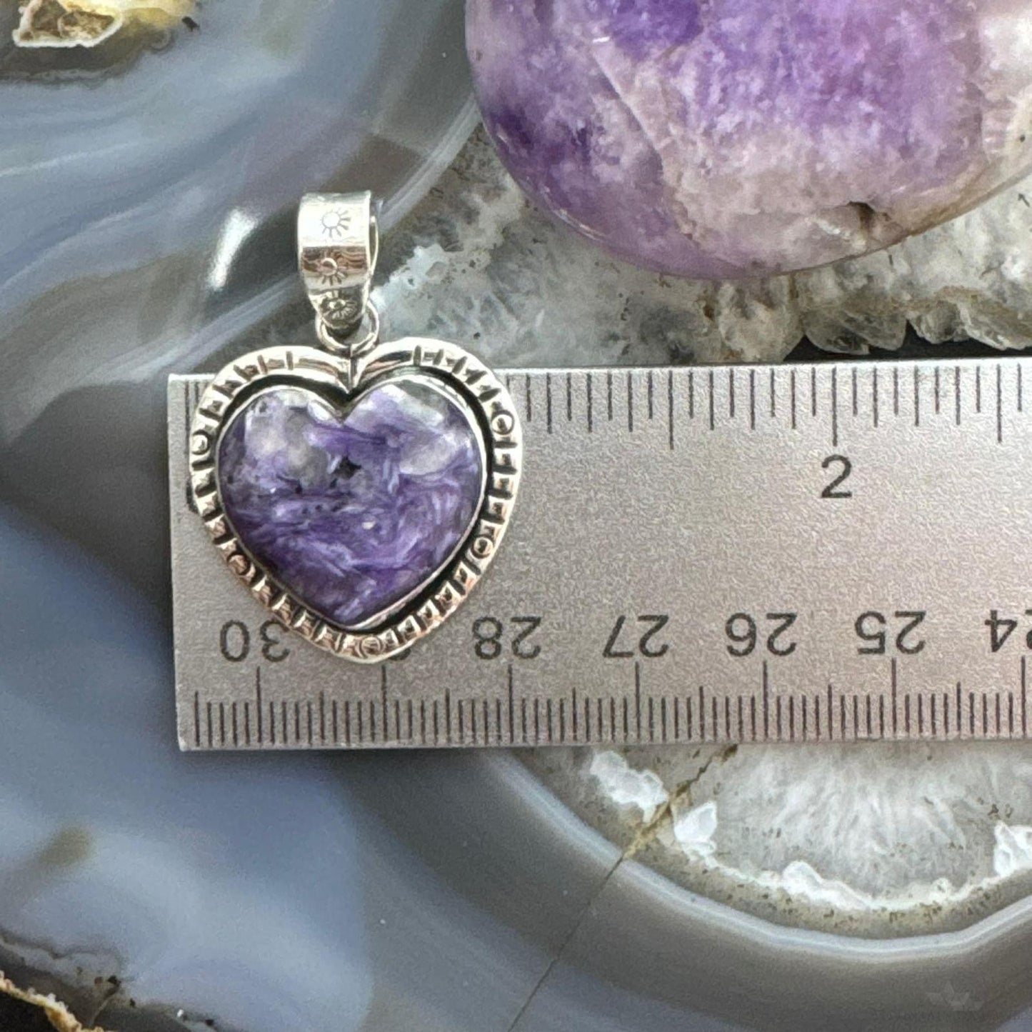 Sterling Silver Southwestern Style Charoite Heart Shape Pendant For Women