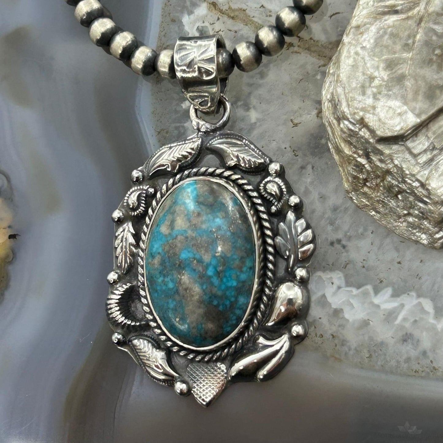 Sterling Silver Southwestern Style Oval Turquoise Decorated Pendant For Women