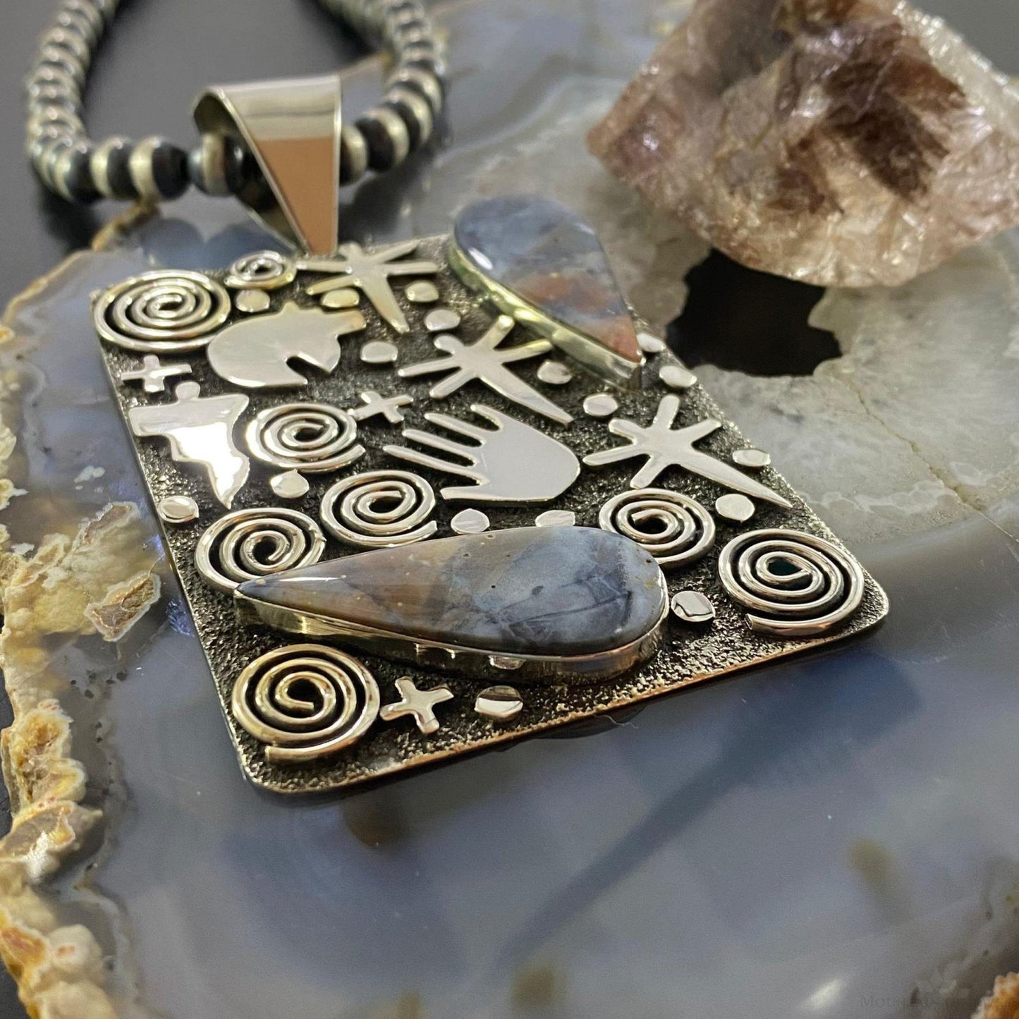 Alex Sanchez Sterling Silver Teardrop Purple Agate Rectangle Petroglyph Pendant