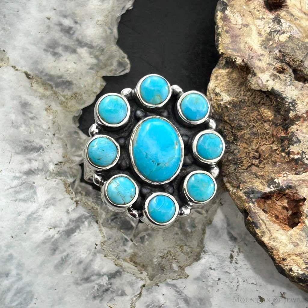 Sterling Silver Southwestern Style Mohave Turquoise Cluster Ring Size 7 For Women