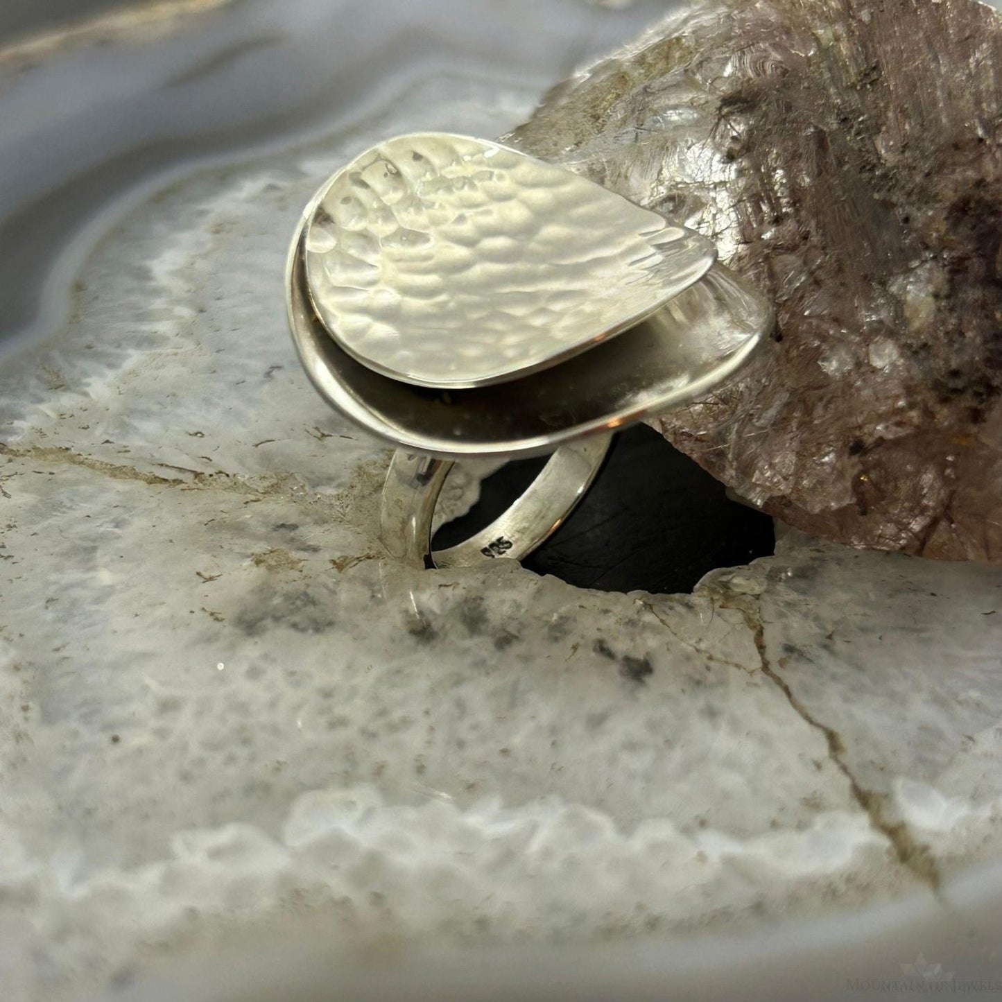 Sterling Silver Smooth & Hammered Stacked Round Ring For Women, Taxco Mexico