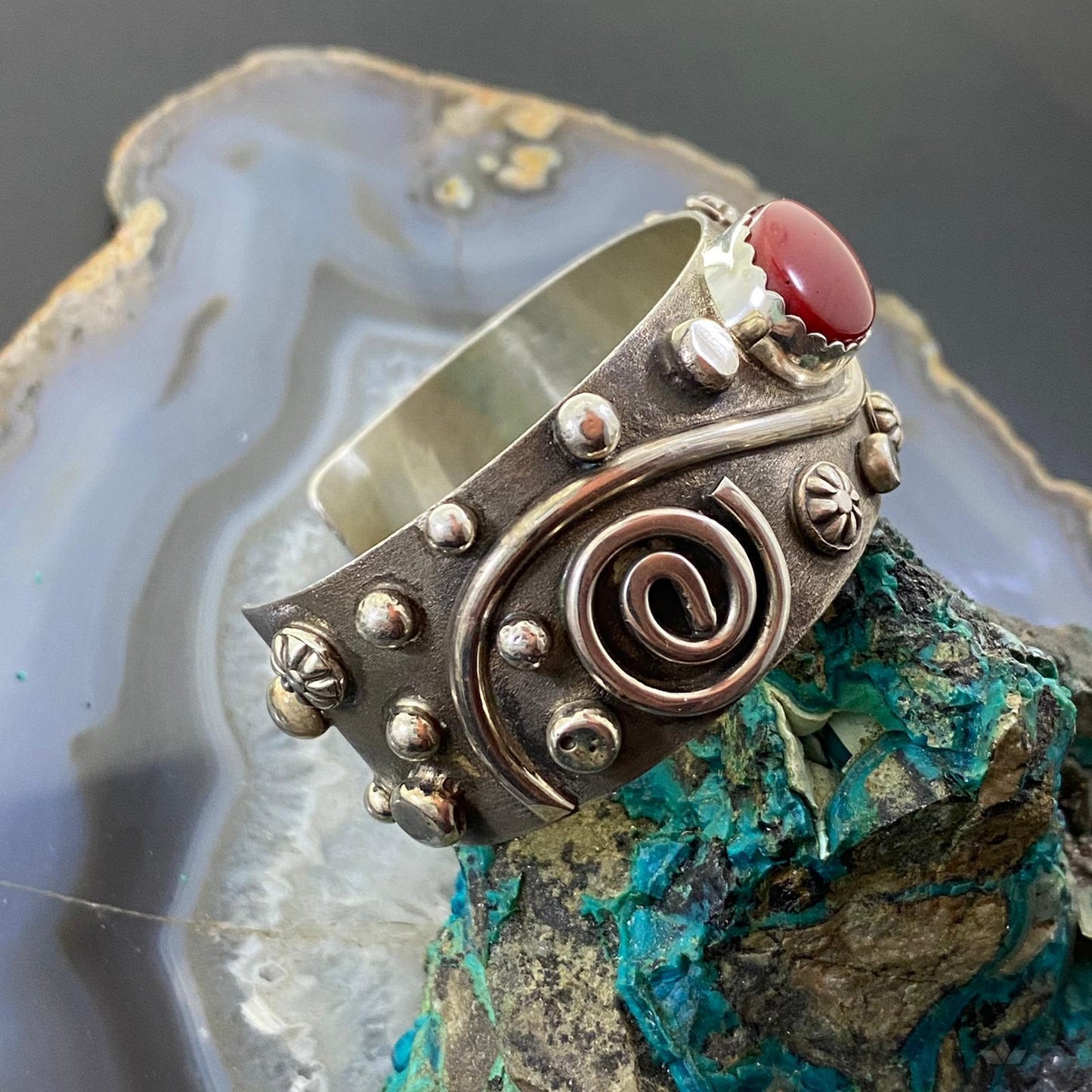 Delbert Secatero Rosarita Stones Decorated Sterling Silver Bracelet For Women