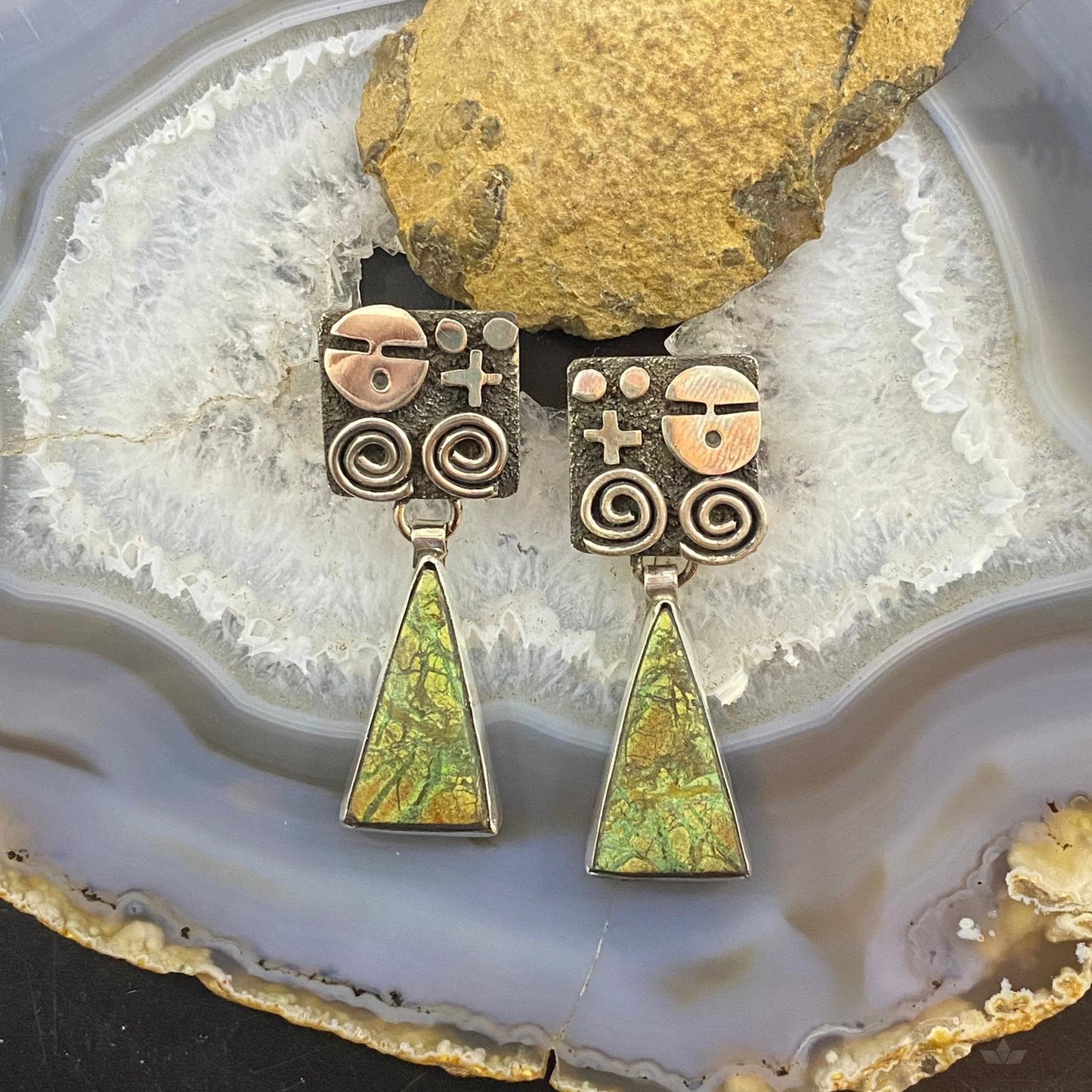 Alex Sanchez Native American Sterling Silver Triangle Green Maligano Petroglyph Dangle Earrings