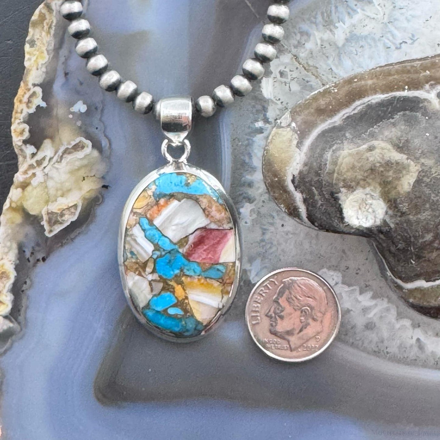 Sterling Southwestern Style Copper Turquoise Spiny Oyster Pendant For Women
