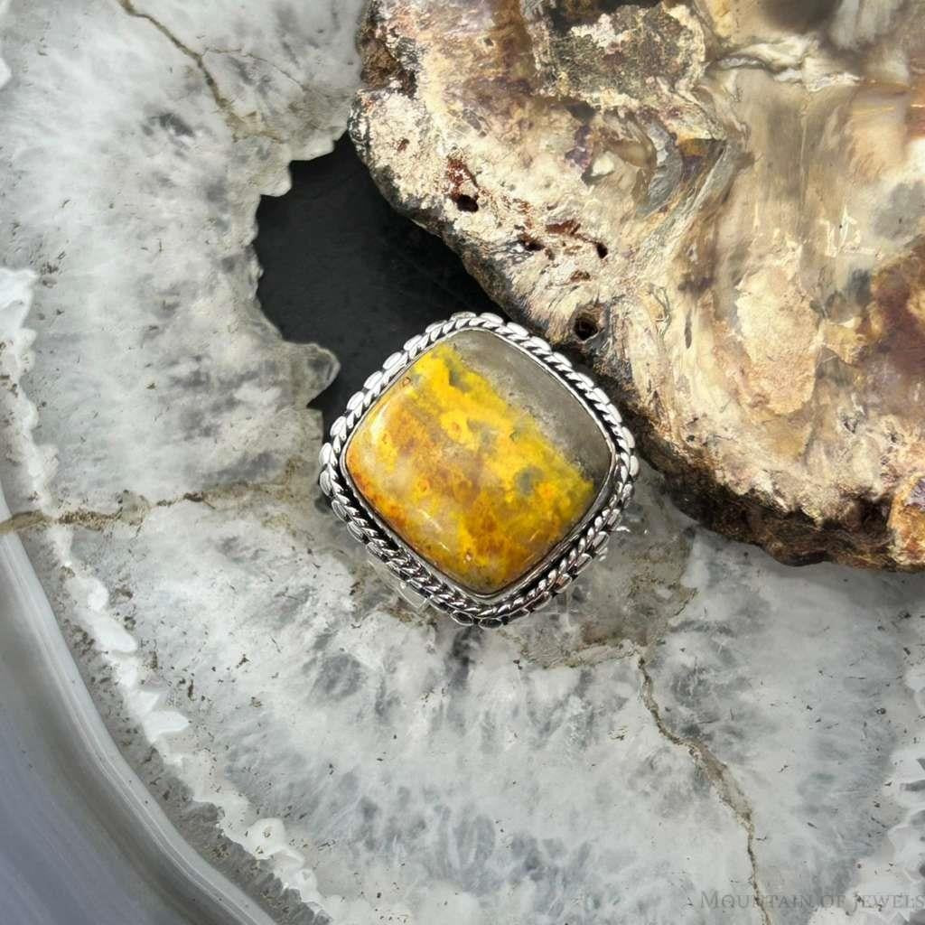 Sterling Silver Southwestern Style Square Yellow Jasper Decorated Ring Size 7.5 For Women