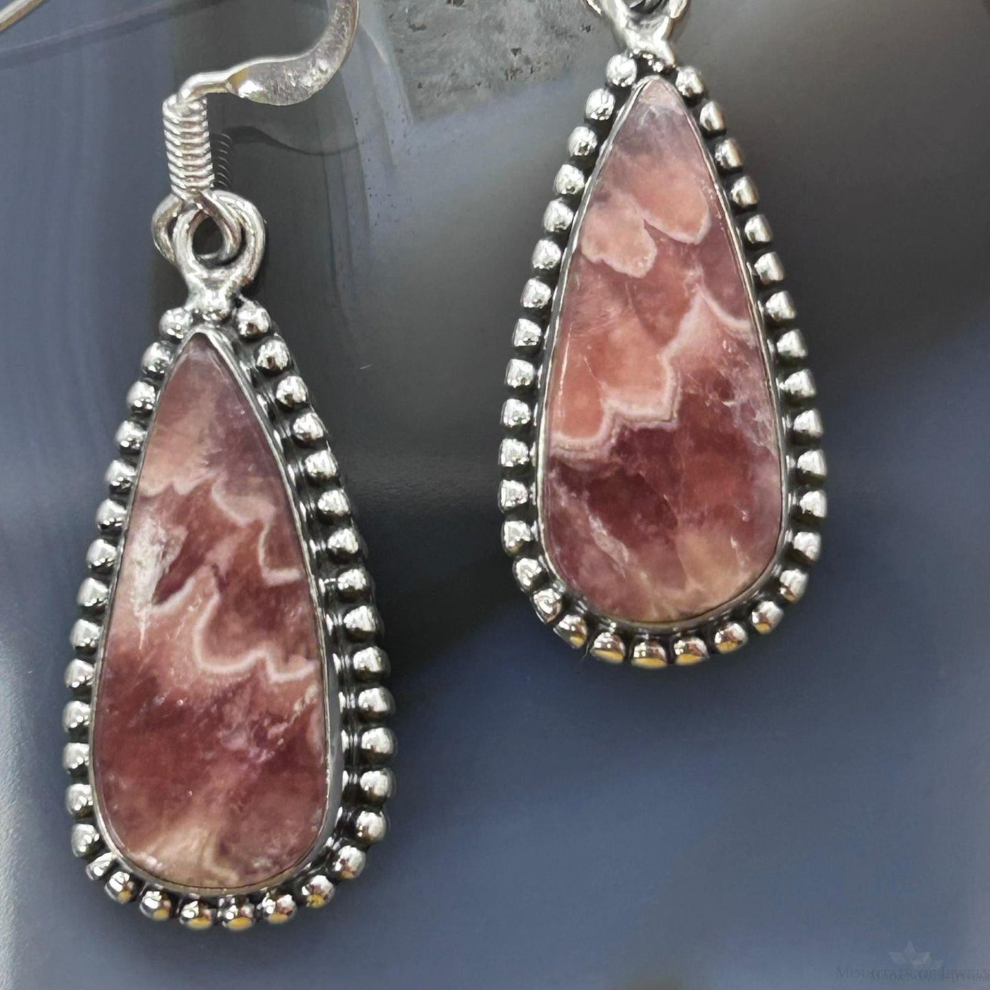 Sterling Silver Southwestern Style Teardrop Rhodochrosite Dangle Earrings For Women