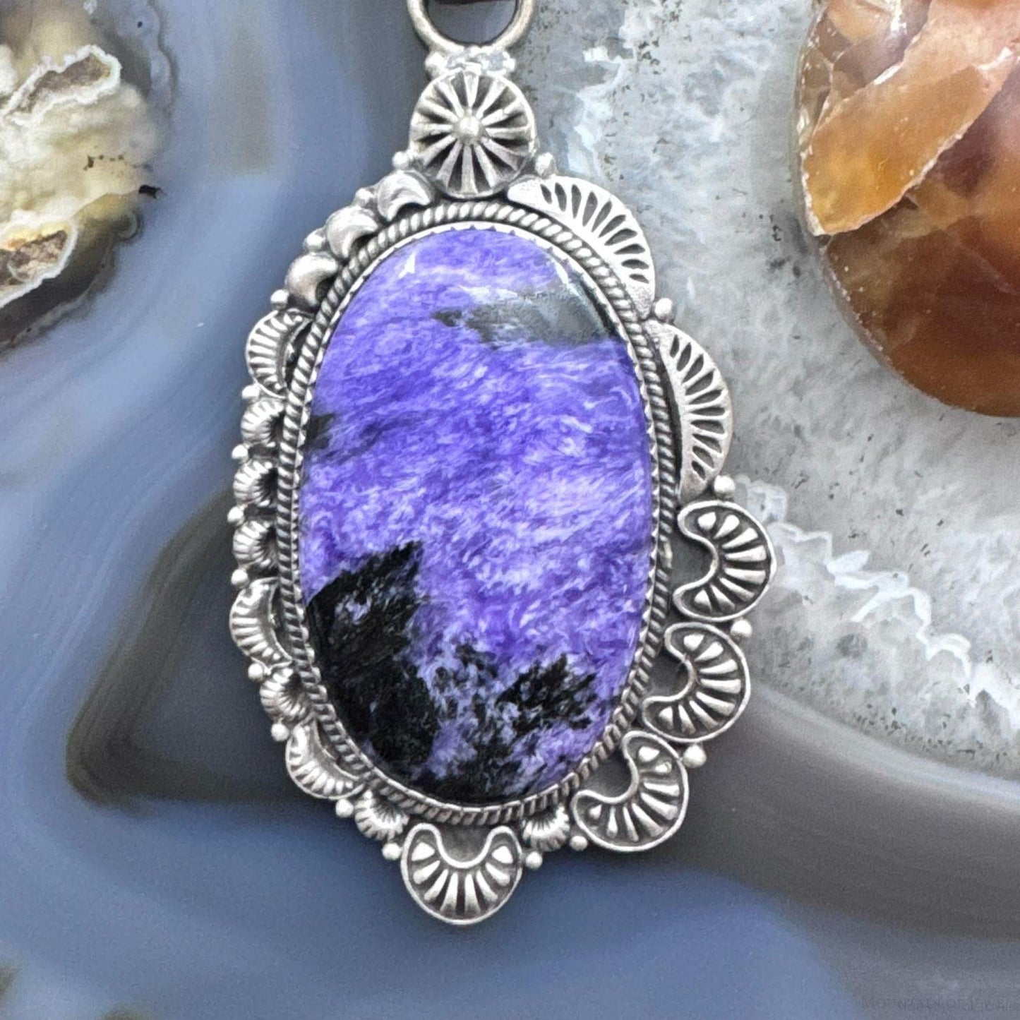 Sterling Silver Southwestern Style Large Oval Charoite Decorated Pendant For Women