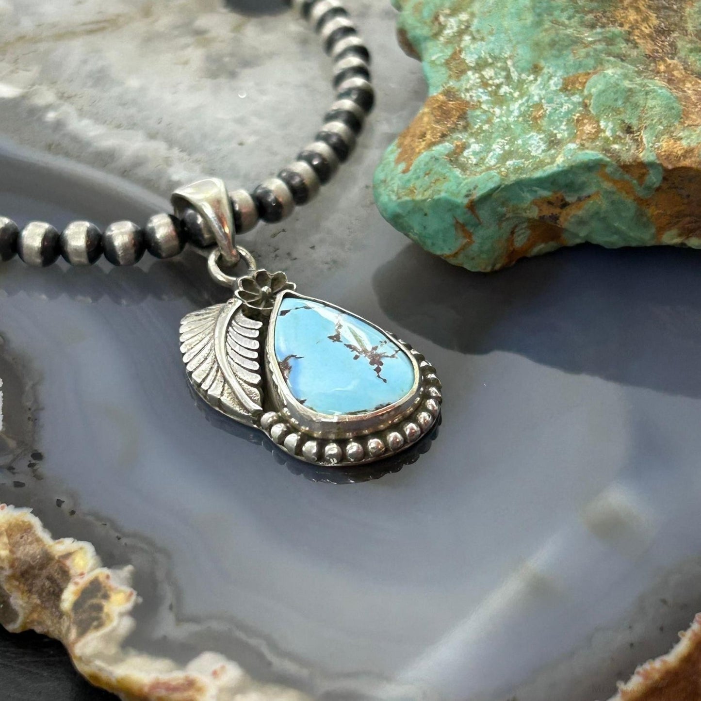 Sterling Silver Southwestern Style Teardrop Golden Hill Turquoise Leaves Pendant For Women #2