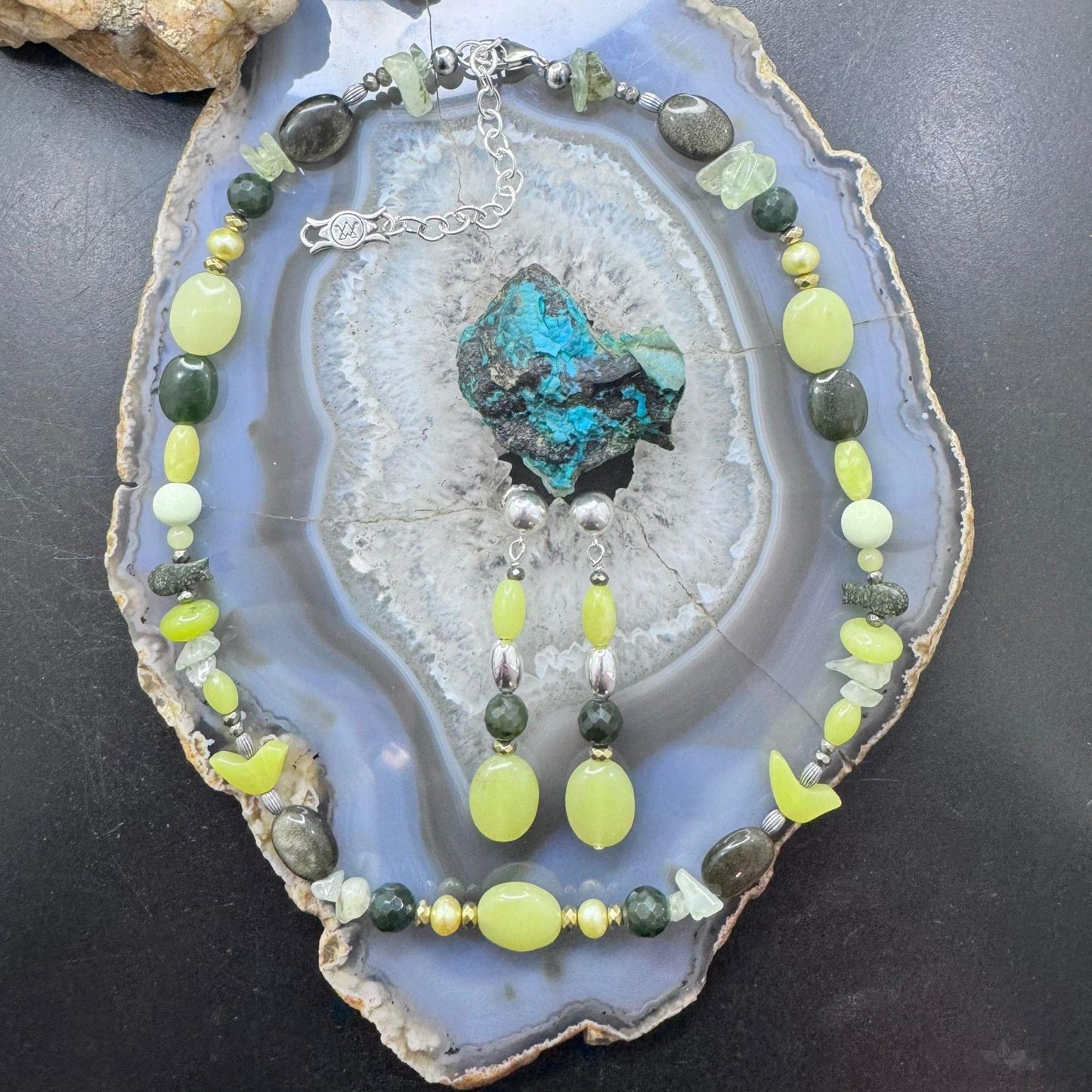 Carolyn Pollack Sterling Silver Serpentine/Prehnite Bead Necklace 21"-24" & Dangle Earrings Set