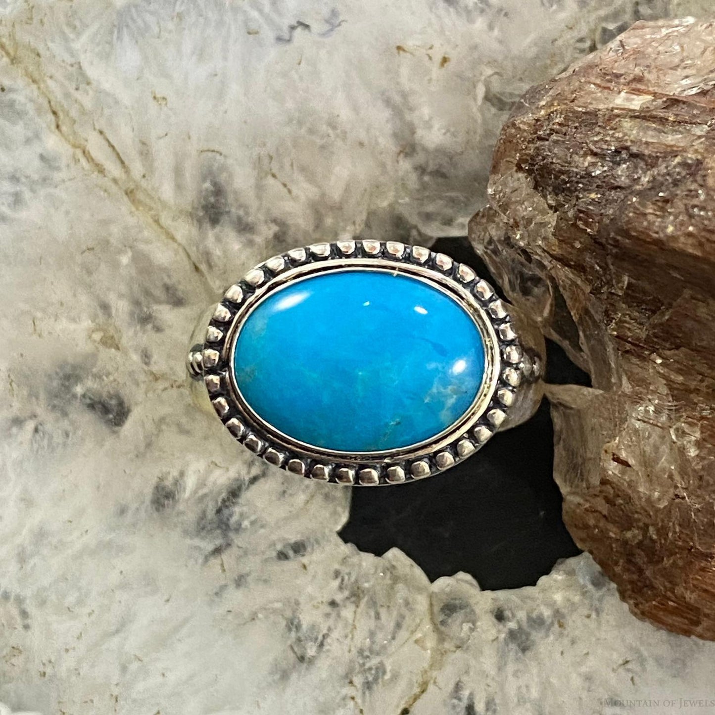 Carolyn Pollack Southwestern Style Sterling Silver Horizontally Mounted Oval Turquoise Decorated Ring For Women