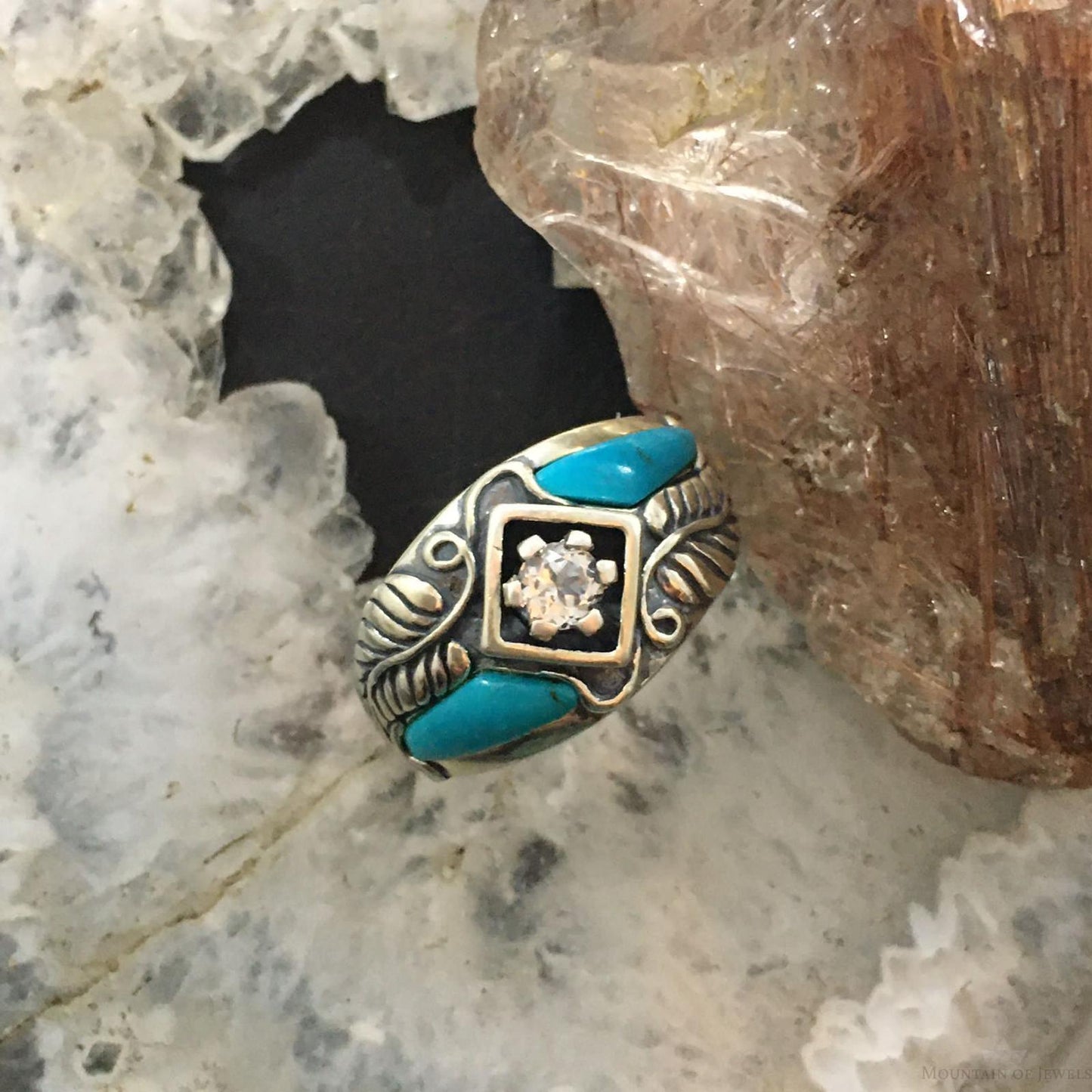 Carolyn Pollack Southwestern Style Sterling Silver Turquoise & White Topaz Decorated Ring