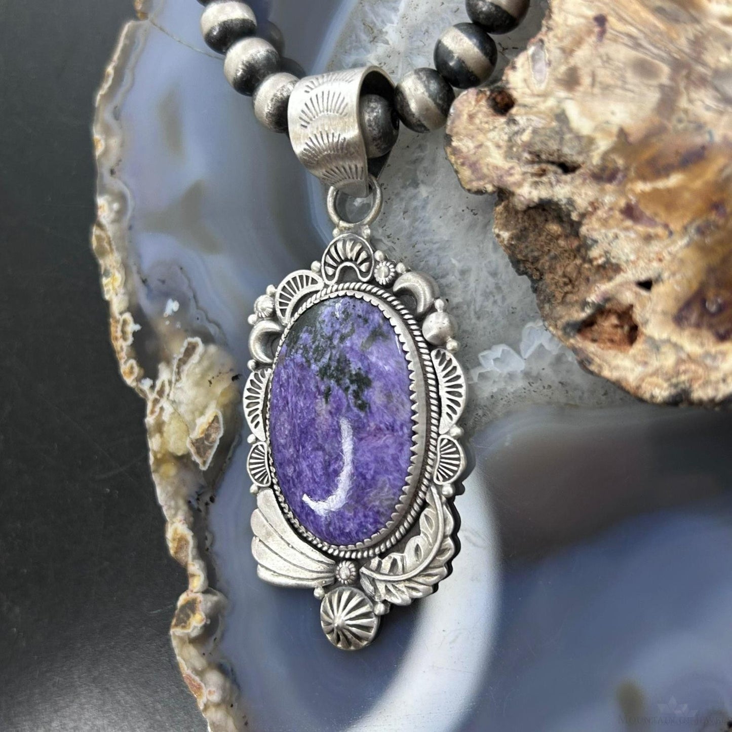 Sterling Silver Southwestern Style Oval Charoite Decorated Pendant For Women