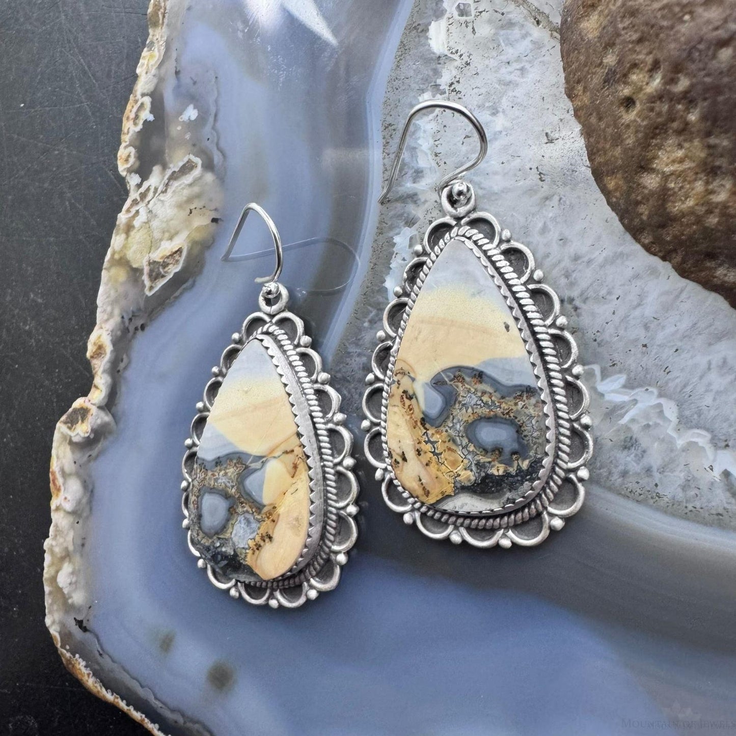 Sterling Silver Southwestern Style Teardrop Maligano Jasper Dangle Earrings For Women