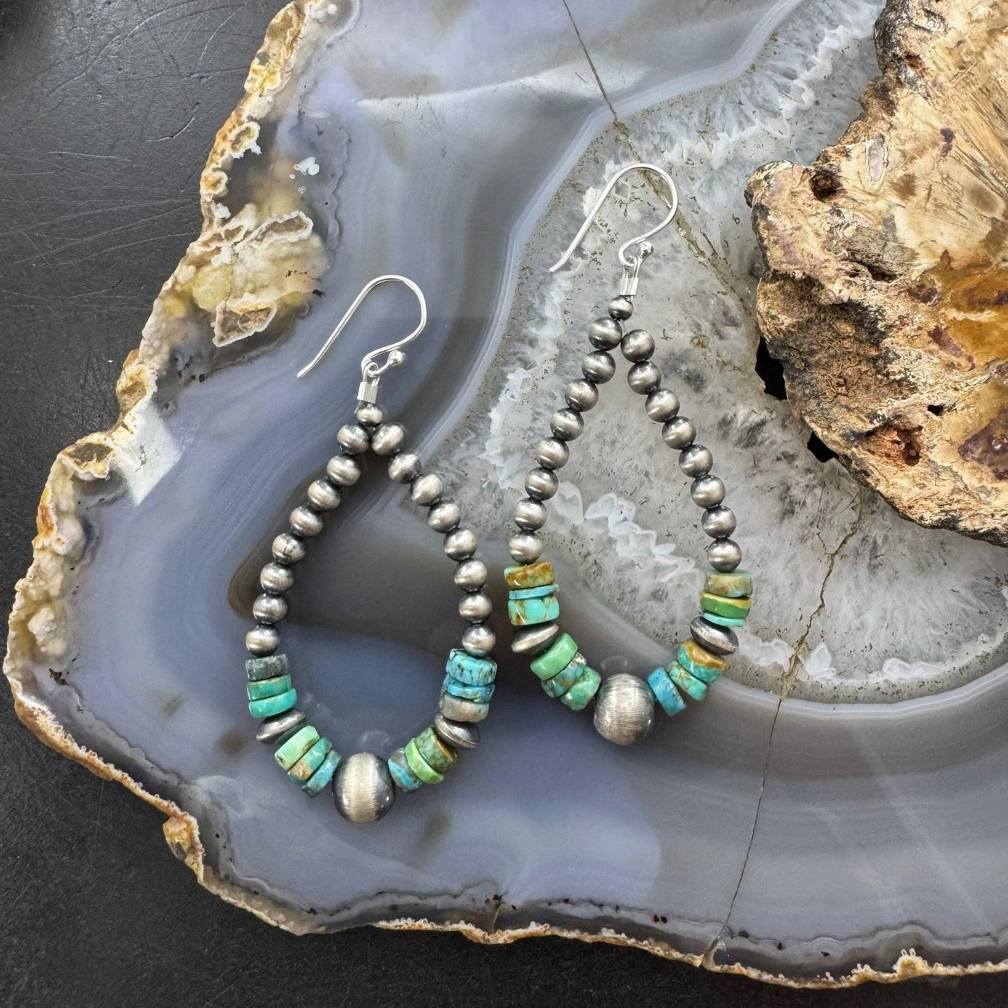 Sterling Silver 4-8mm Navajo Pearl Southwester Style & Turquoise Bead Hoop Earrings For Women