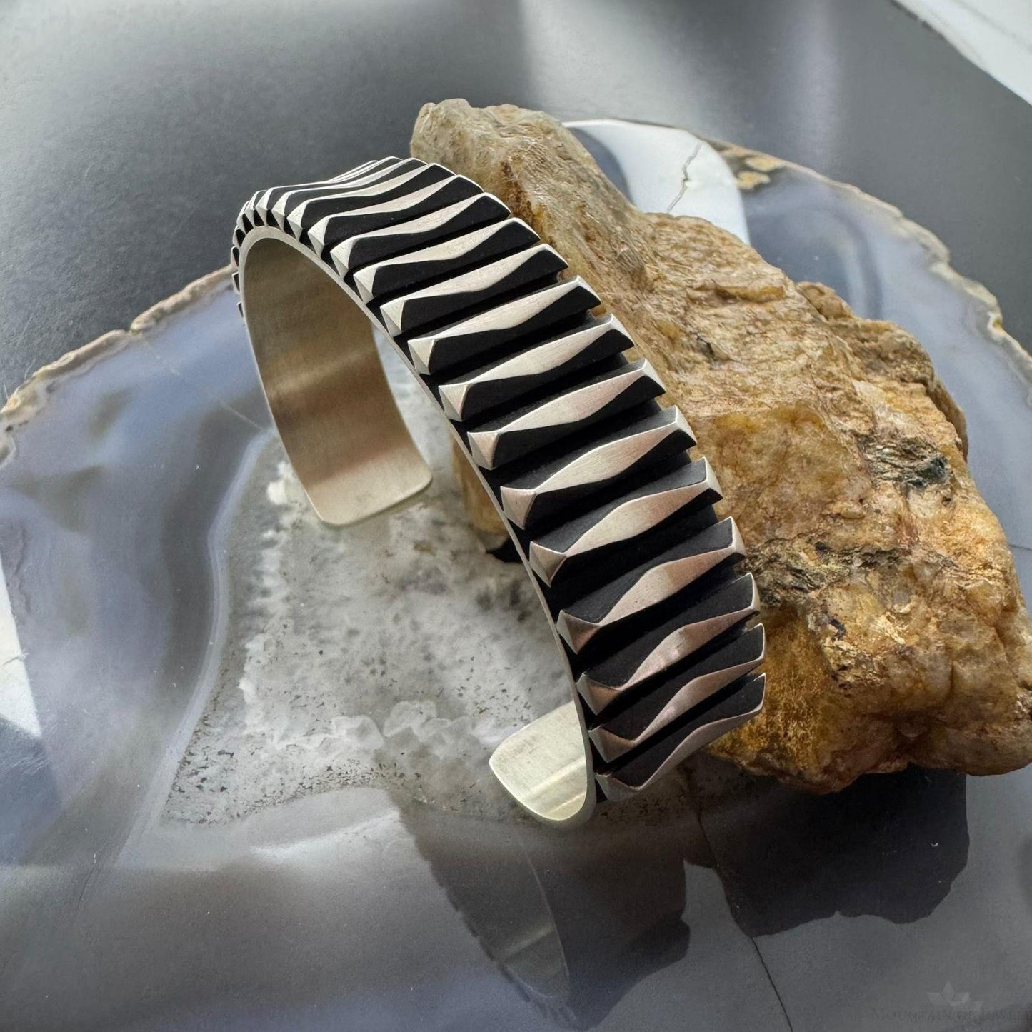 Leander Tahe Native American Sterling Silver Heavy 3D Geometric Bracelet For Men
