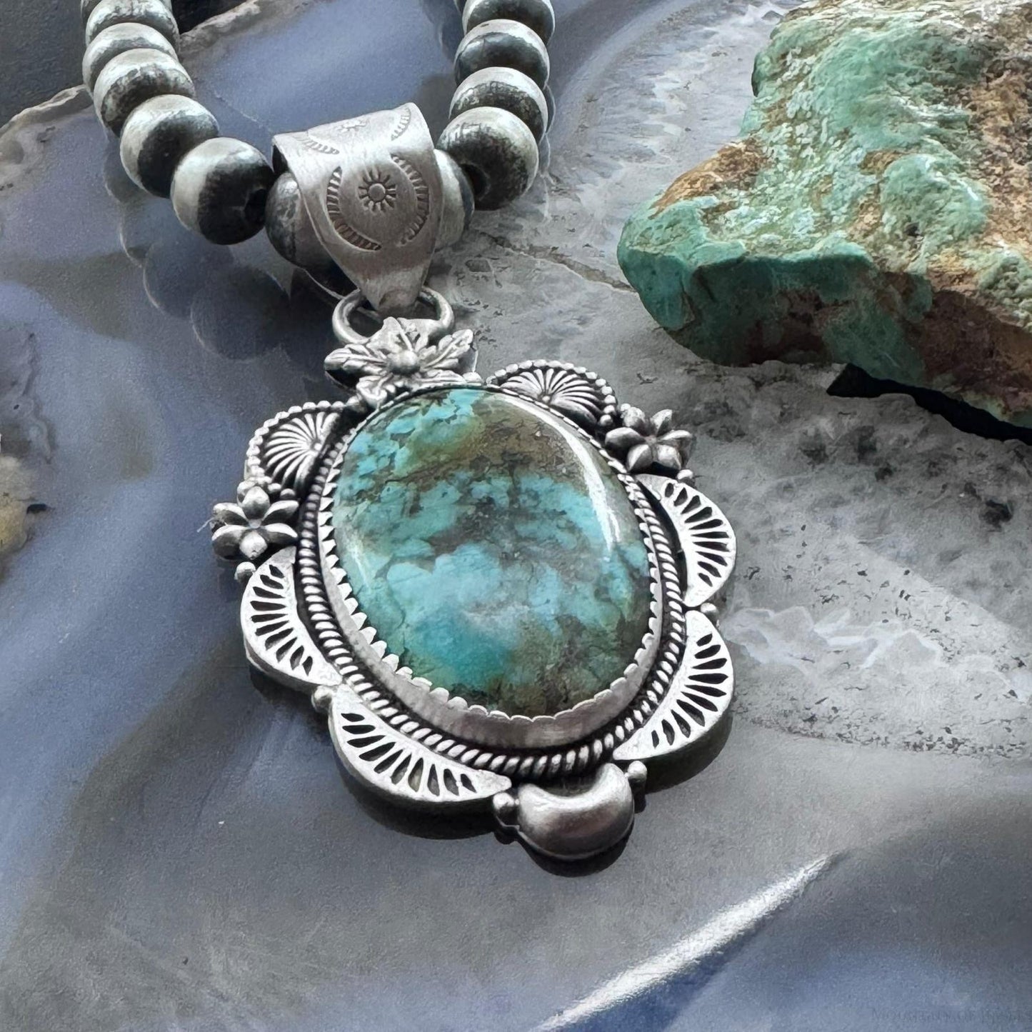Sterling Silver Southwestern Style Oval Turquoise Decorated Pendant For Women