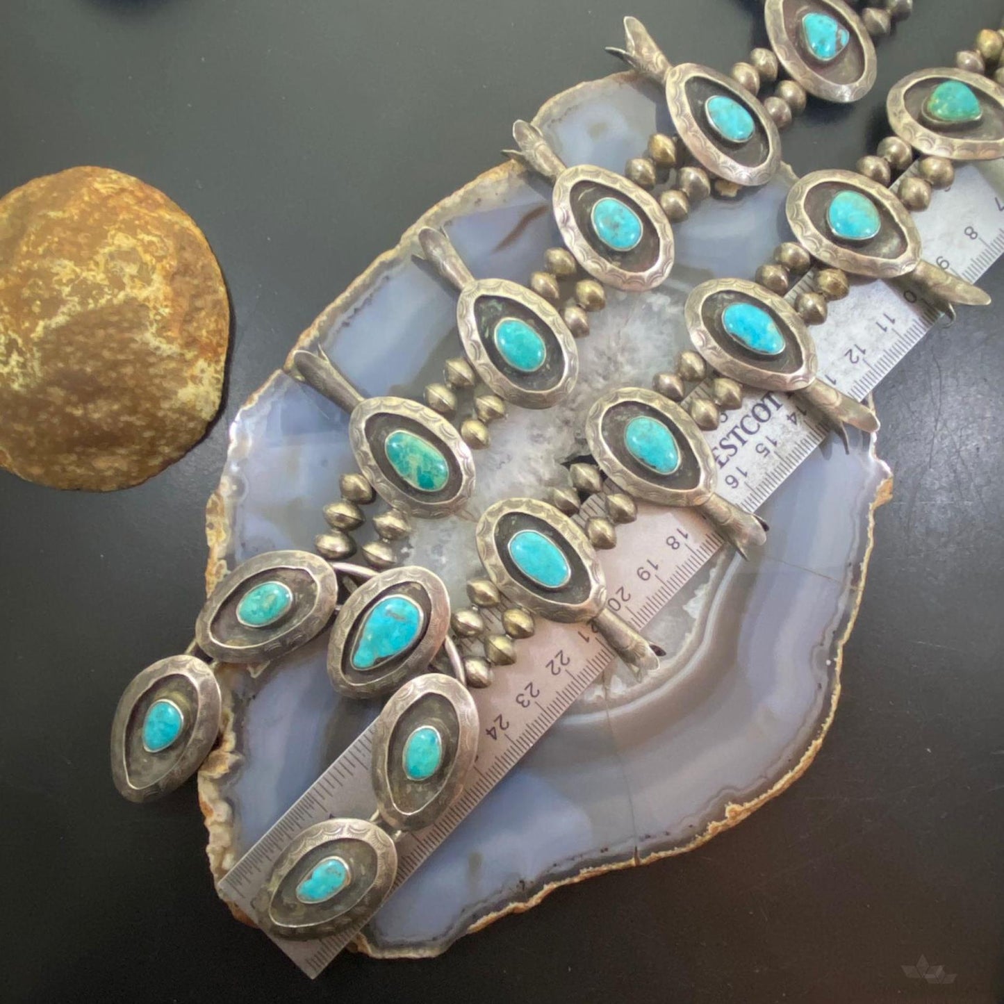 Antique Native American Silver Turquoise Shadow Box Squash Blossom Necklace 28"